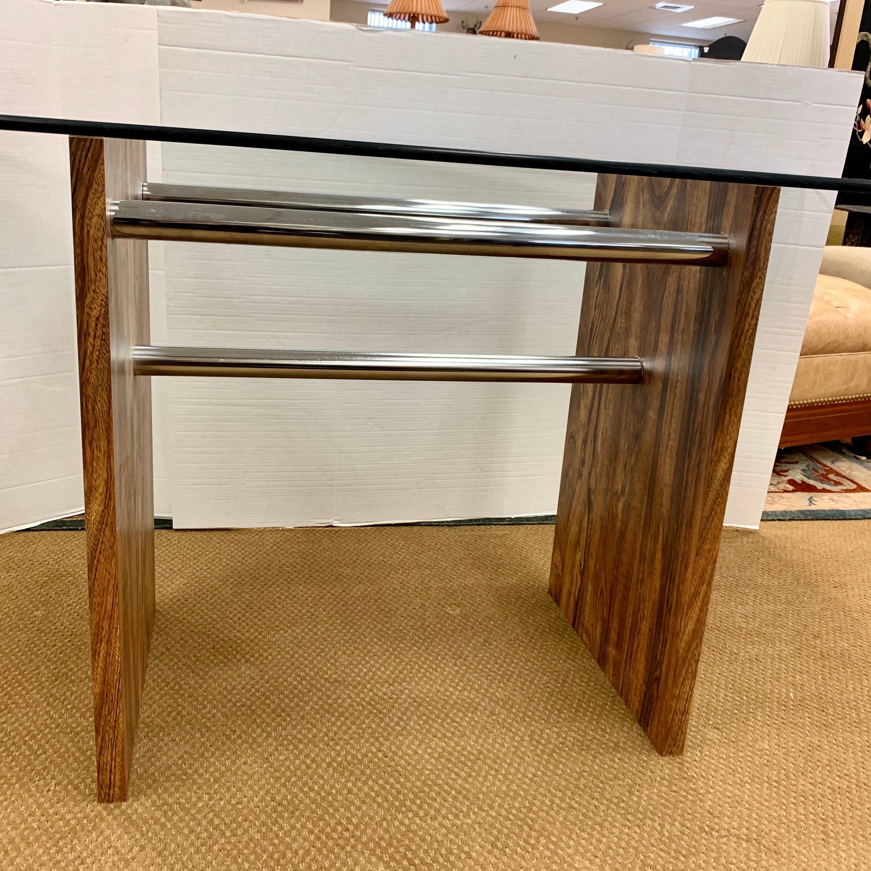 Chrome Mid-Century Modern Glass and Rosewood Dining Table in the Style of Milo Baughman