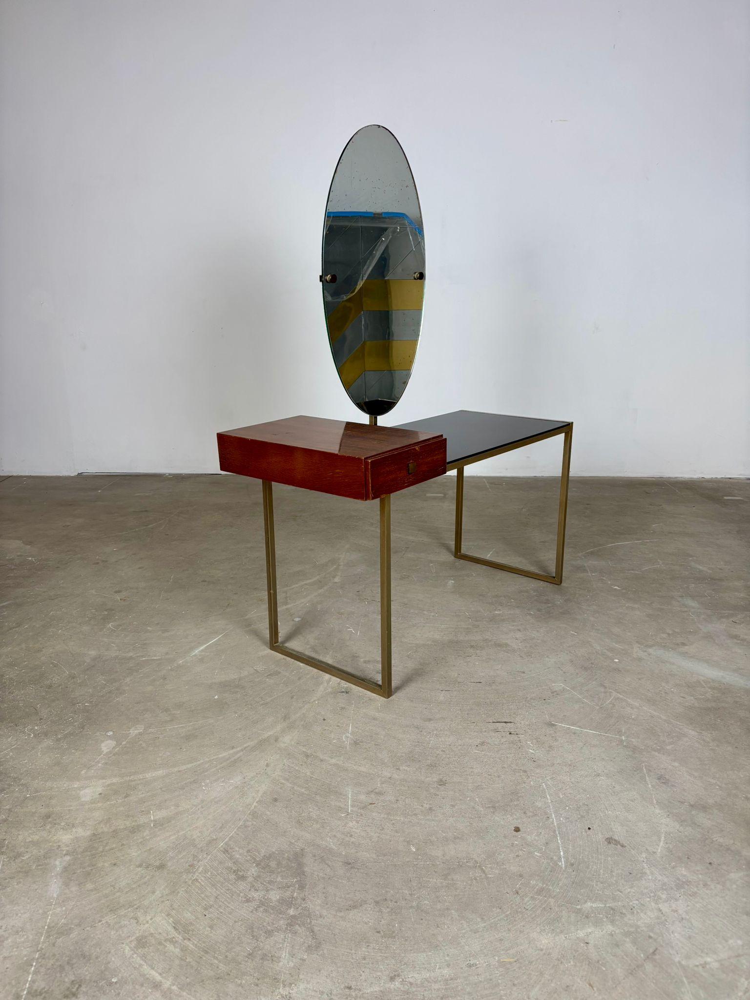 Tocador moderno de mediados de siglo de cristal y acero con espejo oval, años 60 en venta 2