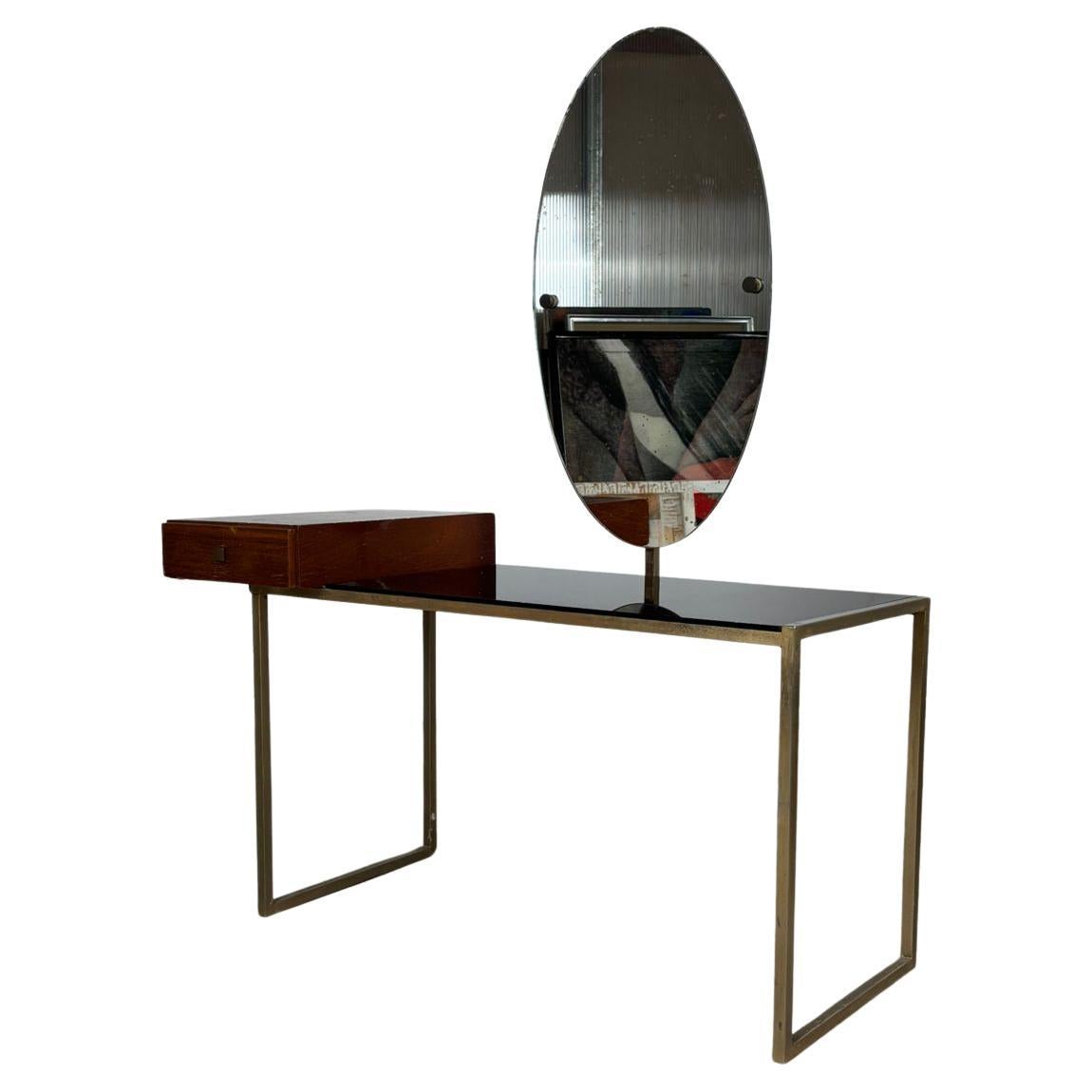 Mid-Century Modern Glass and Steel Dressing Table with Oval Mirror, 1960s