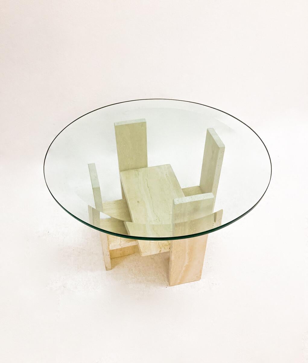 Late 20th Century Mid-Century Modern Glass and Travertine Coffee Table by Willy Ballez, 1970s For Sale