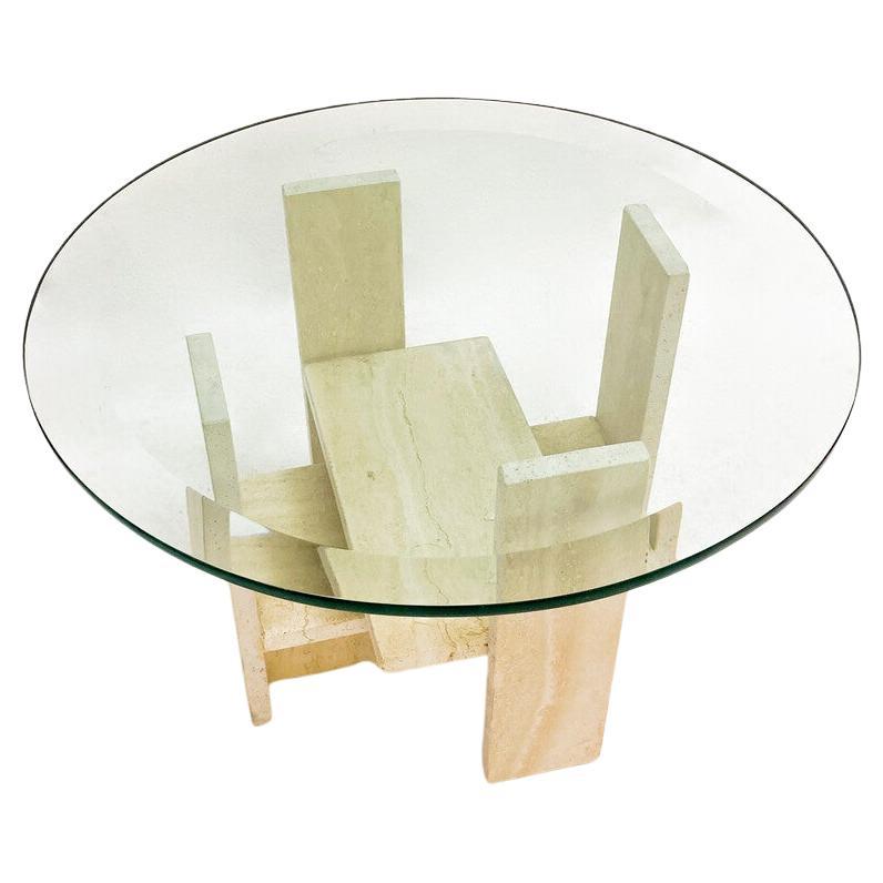 Mid-Century Modern Glass and Travertine Coffee Table by Willy Ballez, 1970s For Sale