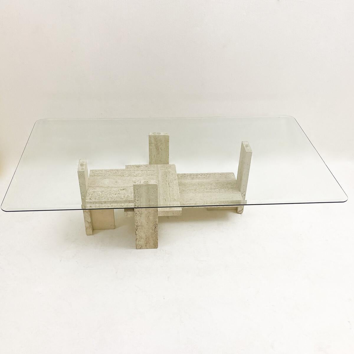 Mid-Century Modern Glass and Travertine Coffee Table, Willy Ballez, 1970s.
