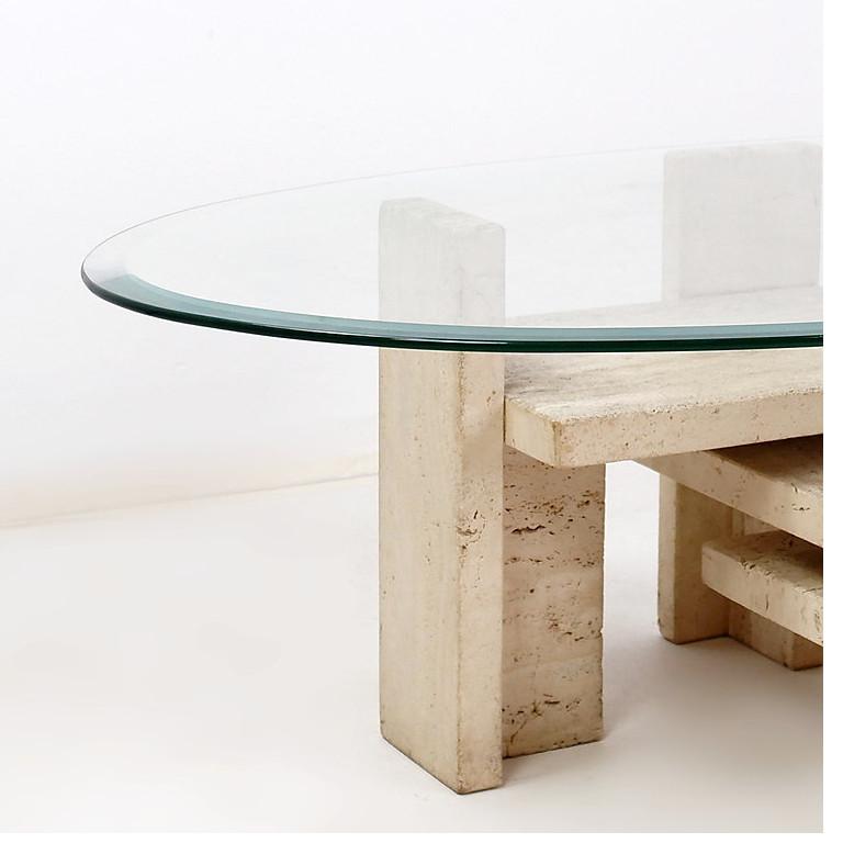 Mid century modern Glass and Travertine Coffee Table, Willy Ballez, 1970s In Excellent Condition For Sale In Brussels , BE