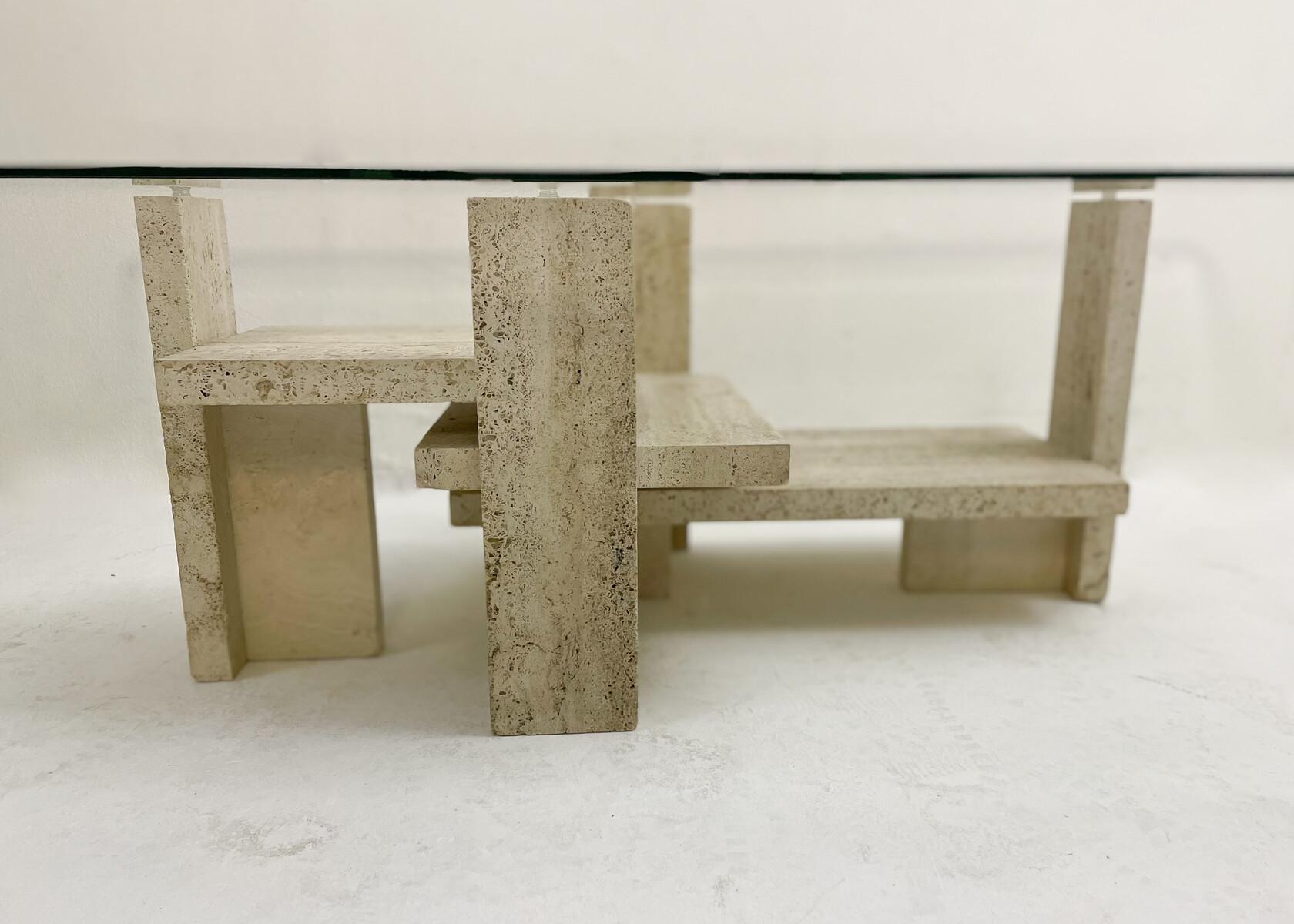 Late 20th Century Mid-Century Modern Glass and Travertine Coffee Table, Willy Ballez, 1970s