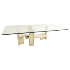 Vintage Mid-Century Modern Glass and Travertine Coffee Table, Willy Ballez, 1970s