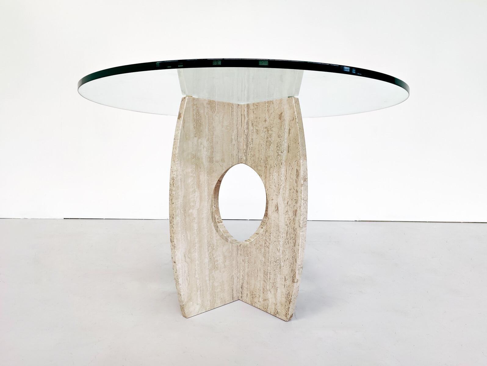 Mid-Century Modern Glass and Travertine Dining Table, Italy, 1970s