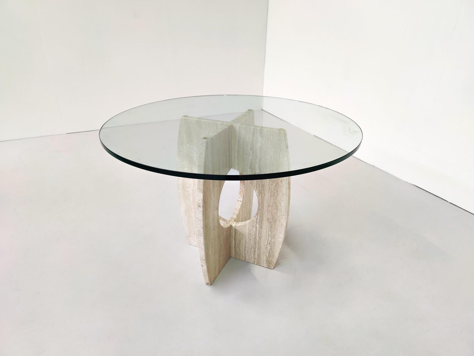 Late 20th Century Mid-Century Modern Glass and Travertine Dining Table, Italy , 1970s For Sale