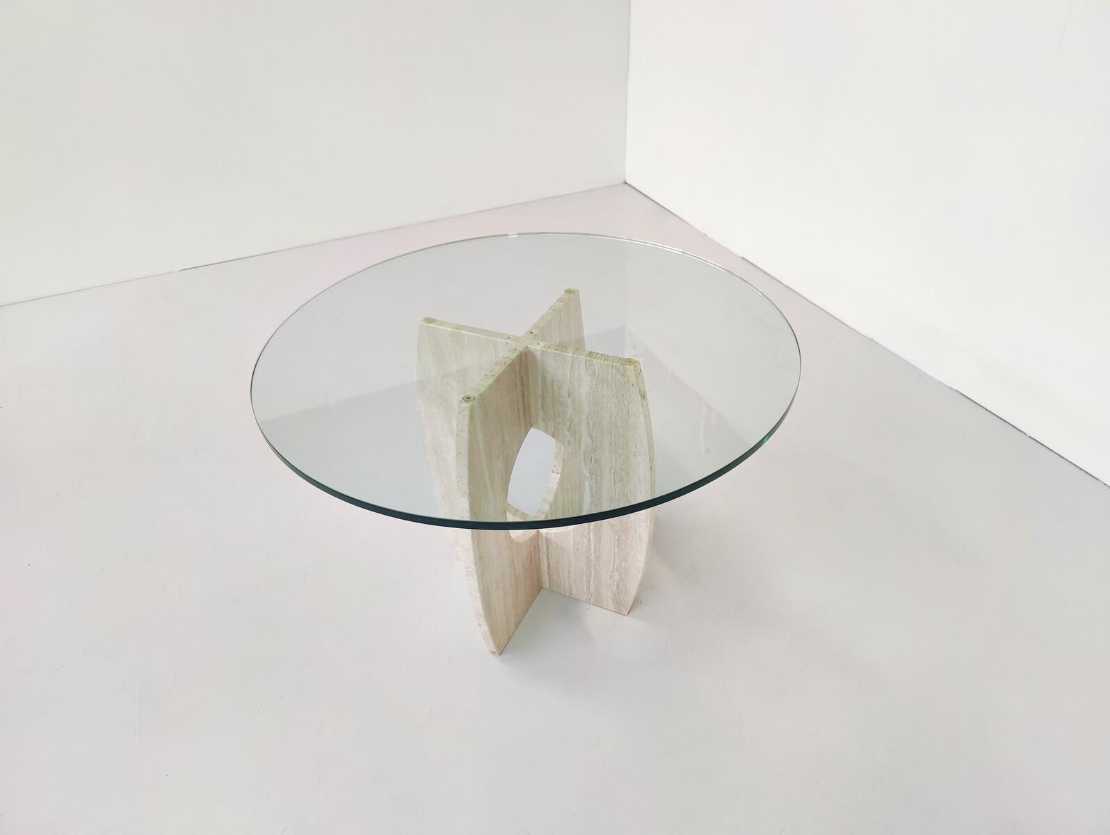 Mesa de comedor moderna de mediados de siglo de cristal y travertino, Italia , años 70 finales del siglo XX en venta