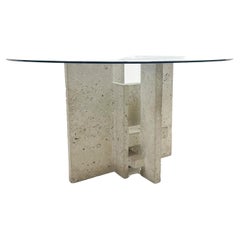 Mid-Century Modern Glass and Travertine Dining Table, Willy Ballez, 1970s
