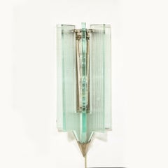 Mid-Century Modern Glass & Antique Nickel Sconce in the Manner of Fontana Arte
