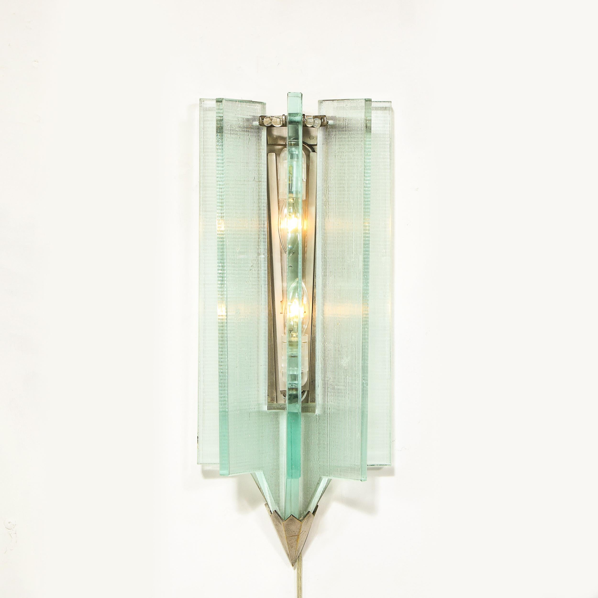 Italian Mid-Century Modern Glass & Antique Nickel Sconce in the Manner of Fontana Arte For Sale