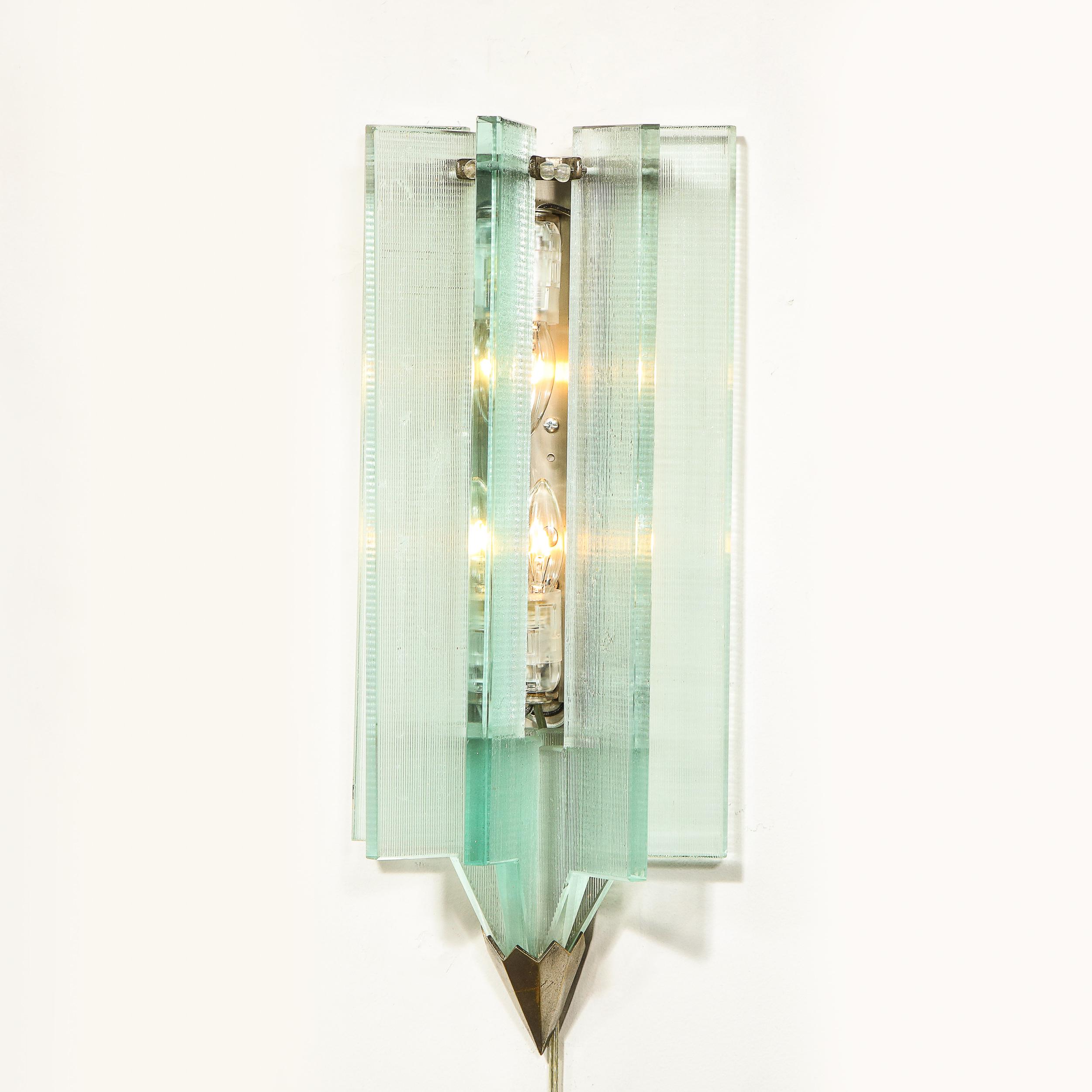 Mid-Century Modern Glass & Antique Nickel Sconce in the Manner of Fontana Arte In Good Condition For Sale In New York, NY