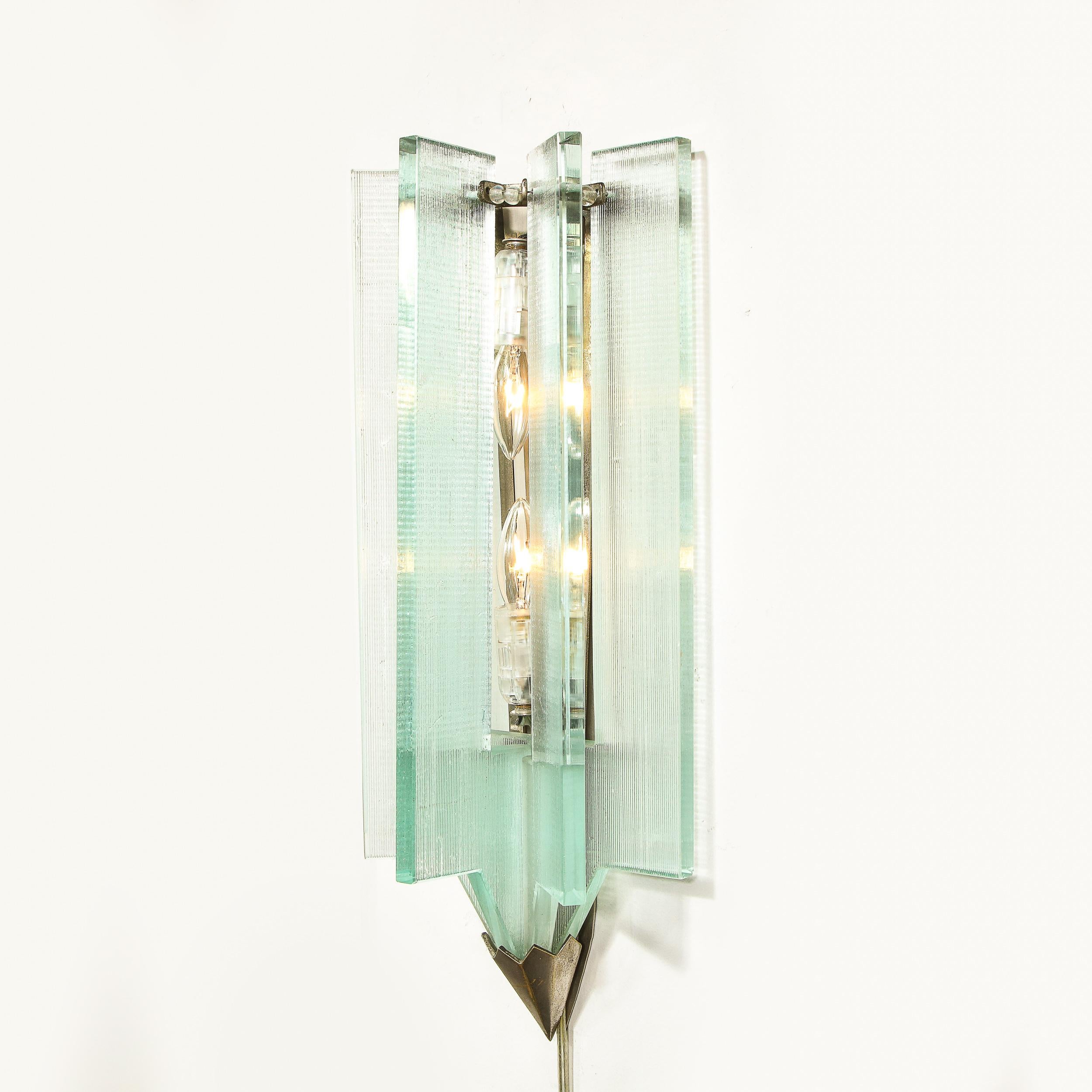Mid-20th Century Mid-Century Modern Glass & Antique Nickel Sconce in the Manner of Fontana Arte For Sale