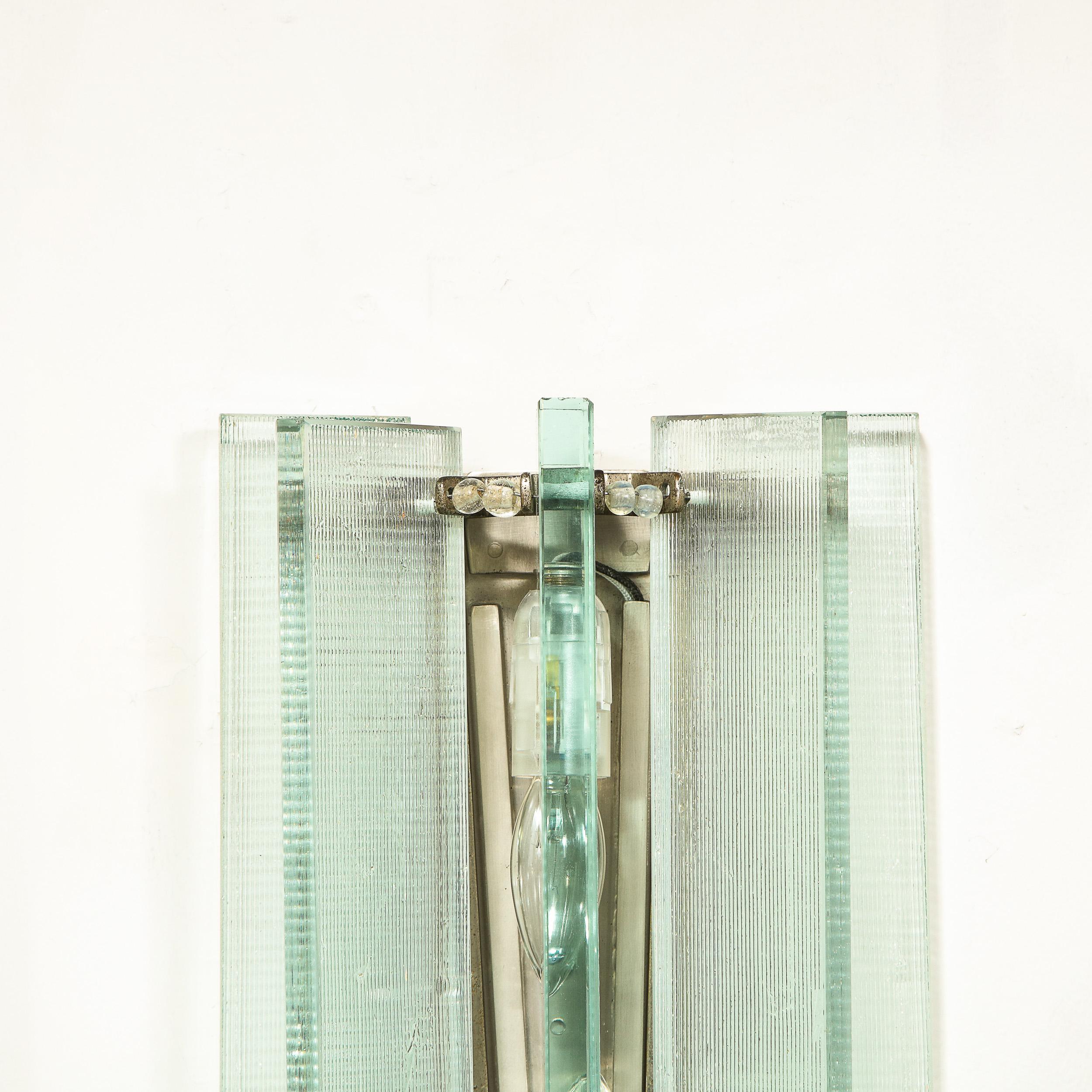 Mid-Century Modern Glass & Antique Nickel Sconce in the Manner of Fontana Arte For Sale 1
