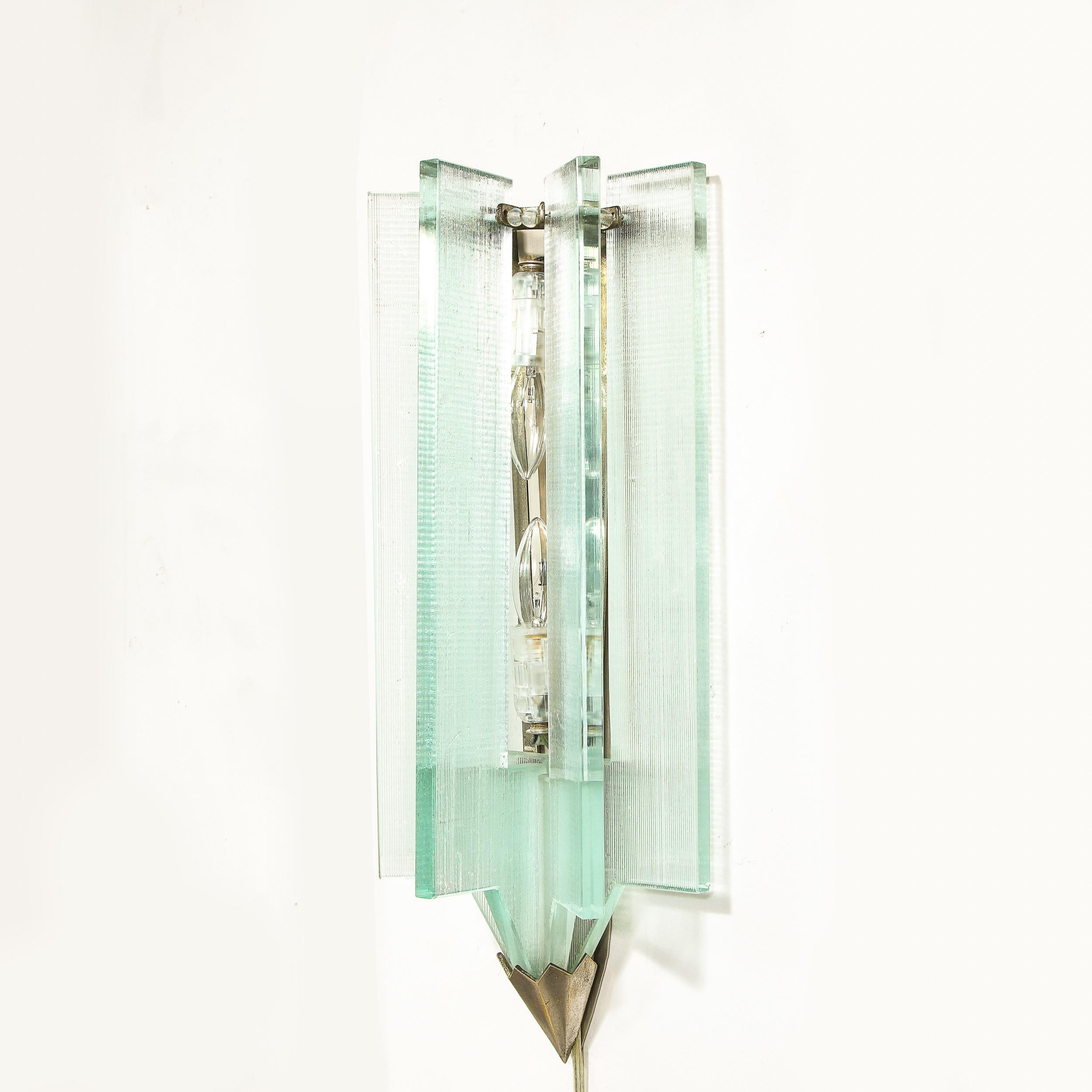 Mid-Century Modern Glass & Antique Nickel Sconce in the Manner of Fontana Arte For Sale 3