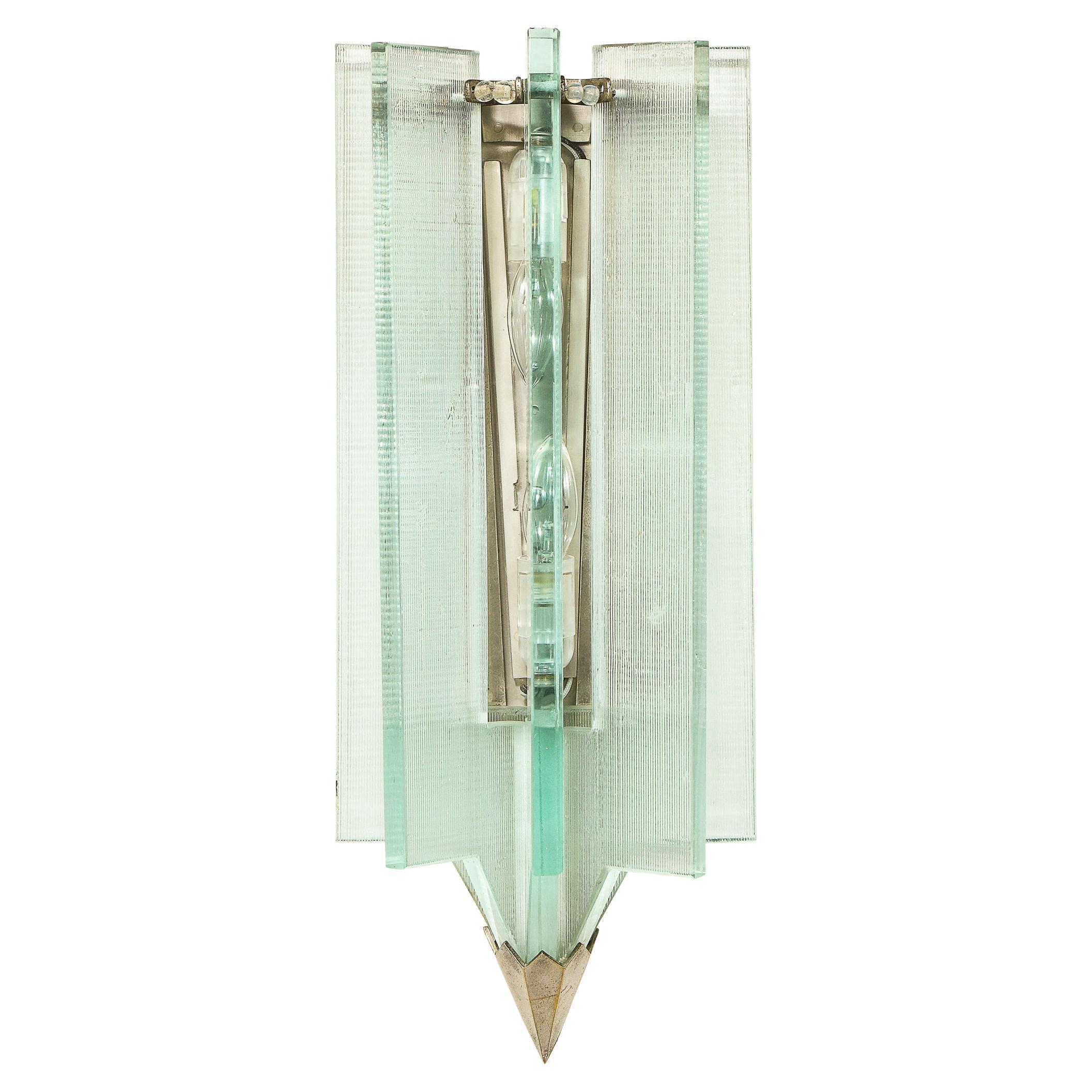 Mid-Century Modern Glass & Antique Nickel Sconce in the Manner of Fontana Arte For Sale