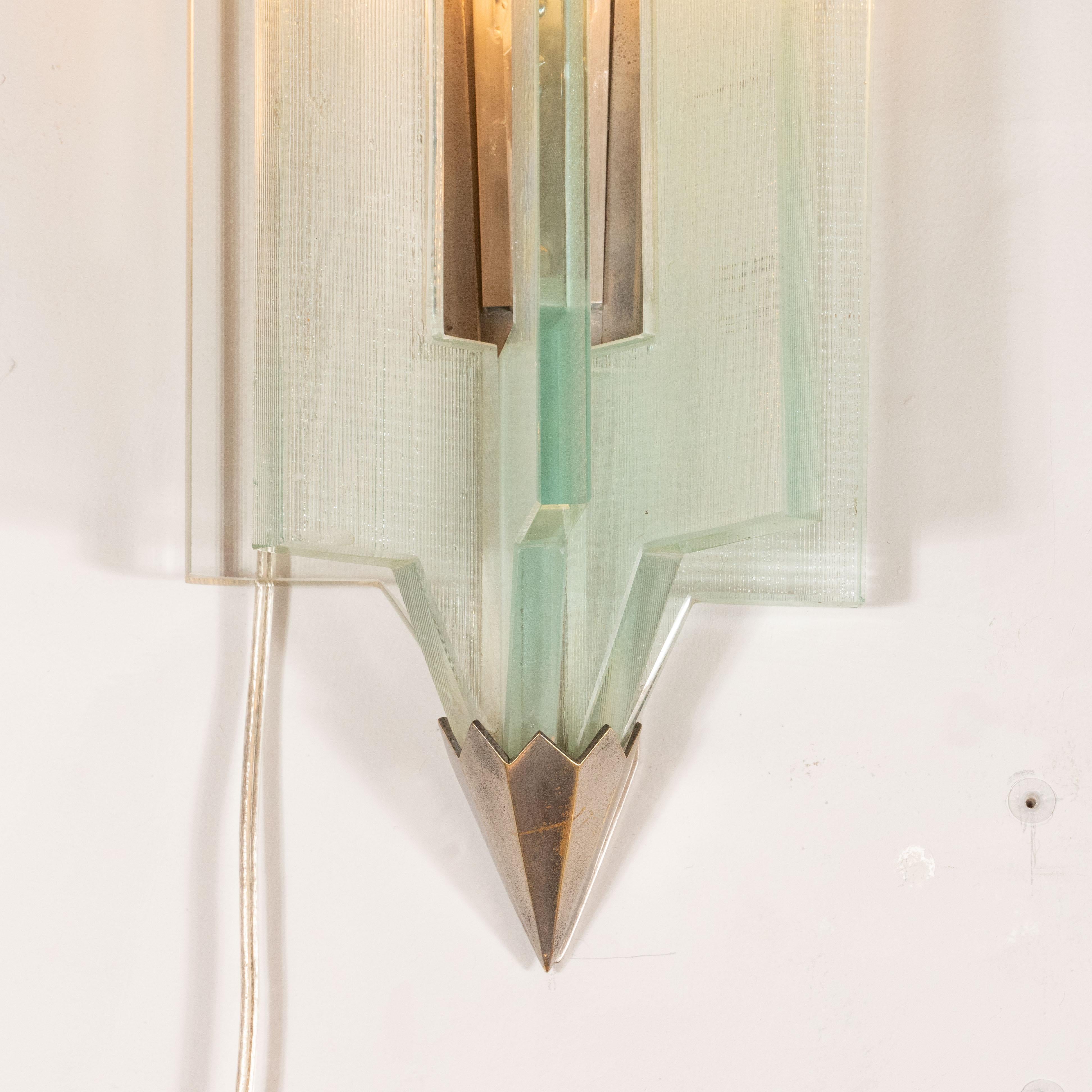 Italian Mid-Century Modern Glass & Antique Nickel Sconces in the Manner of Fontana Arte