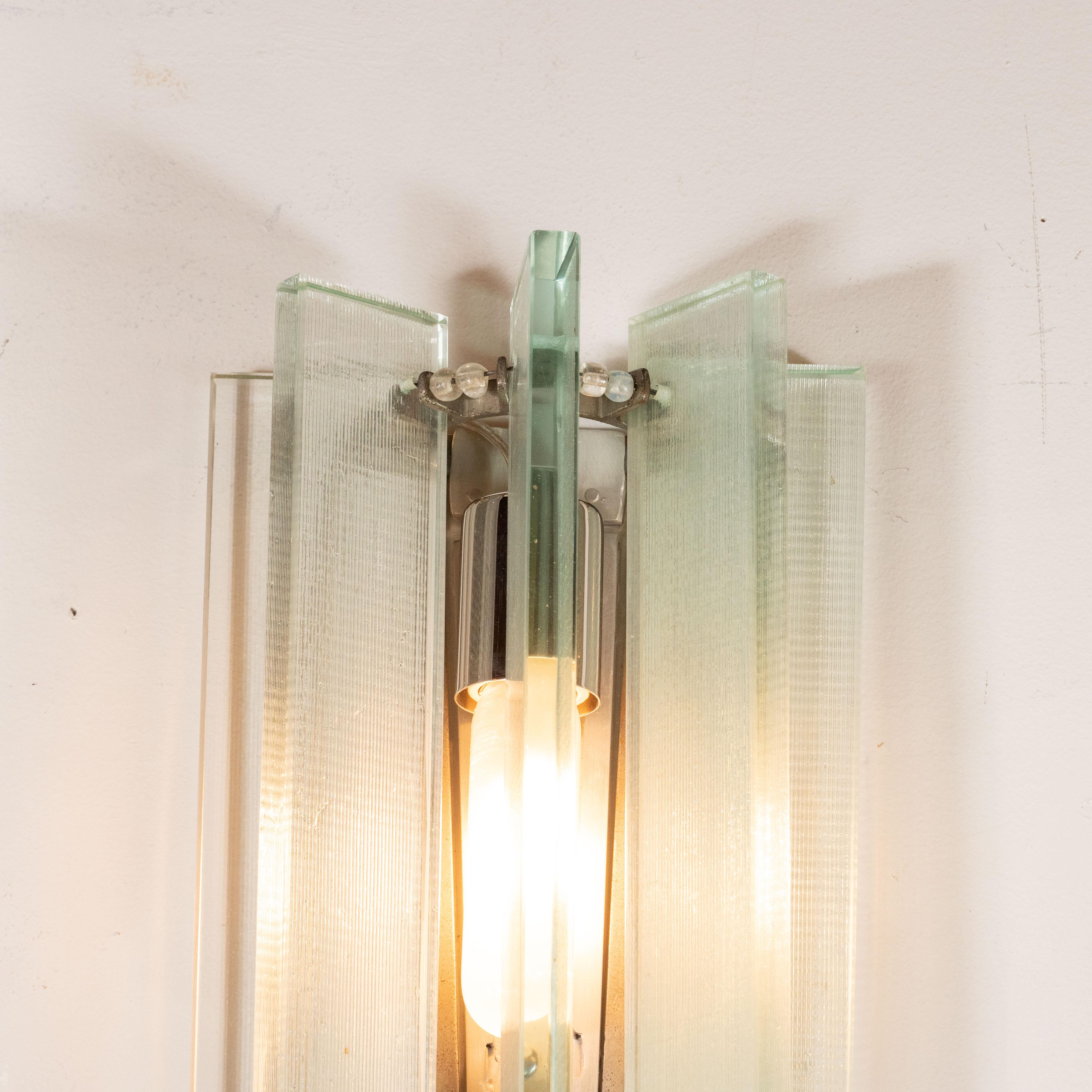 Mid-20th Century Mid-Century Modern Glass & Antique Nickel Sconces in the Manner of Fontana Arte