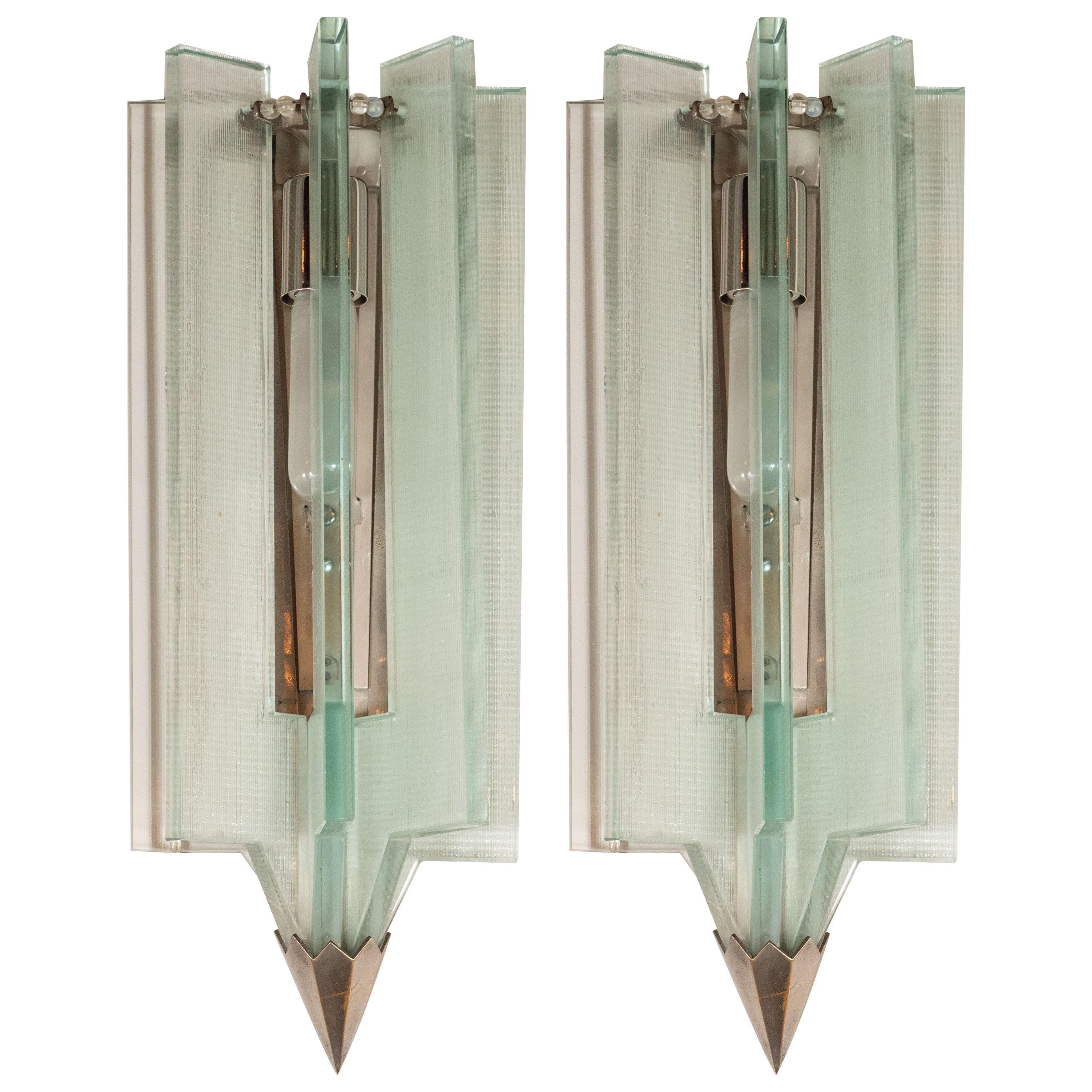 Mid-Century Modern Glass & Antique Nickel Sconces in the Manner of Fontana Arte