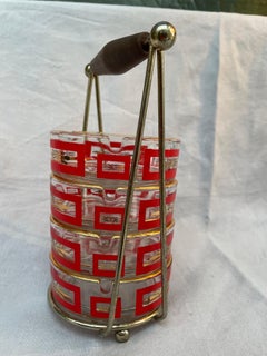 Mid-Century Modern Glass Ashtray Set in Caddy- Atomic Starburst Pattern