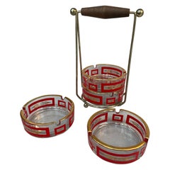 Mid-Century Modern Glass Ashtray Set in Caddy- Atomic Starburst Pattern