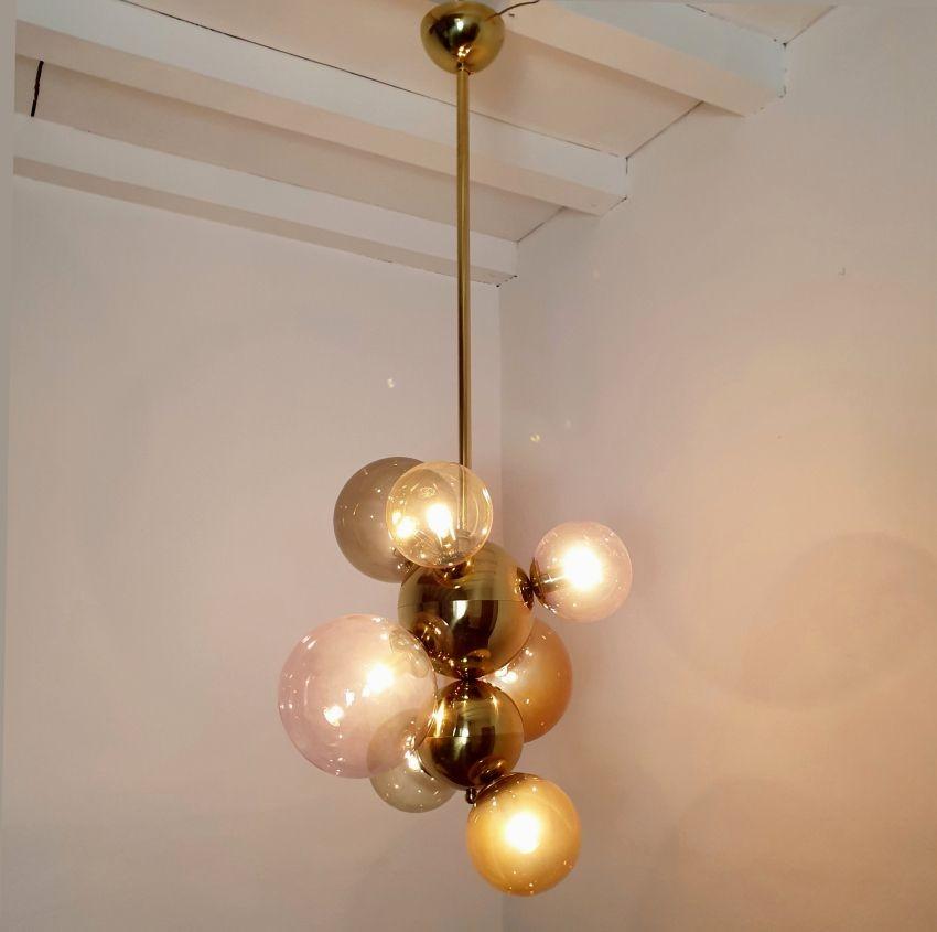 Italian Glass balls & brass chandelier, Italy For Sale