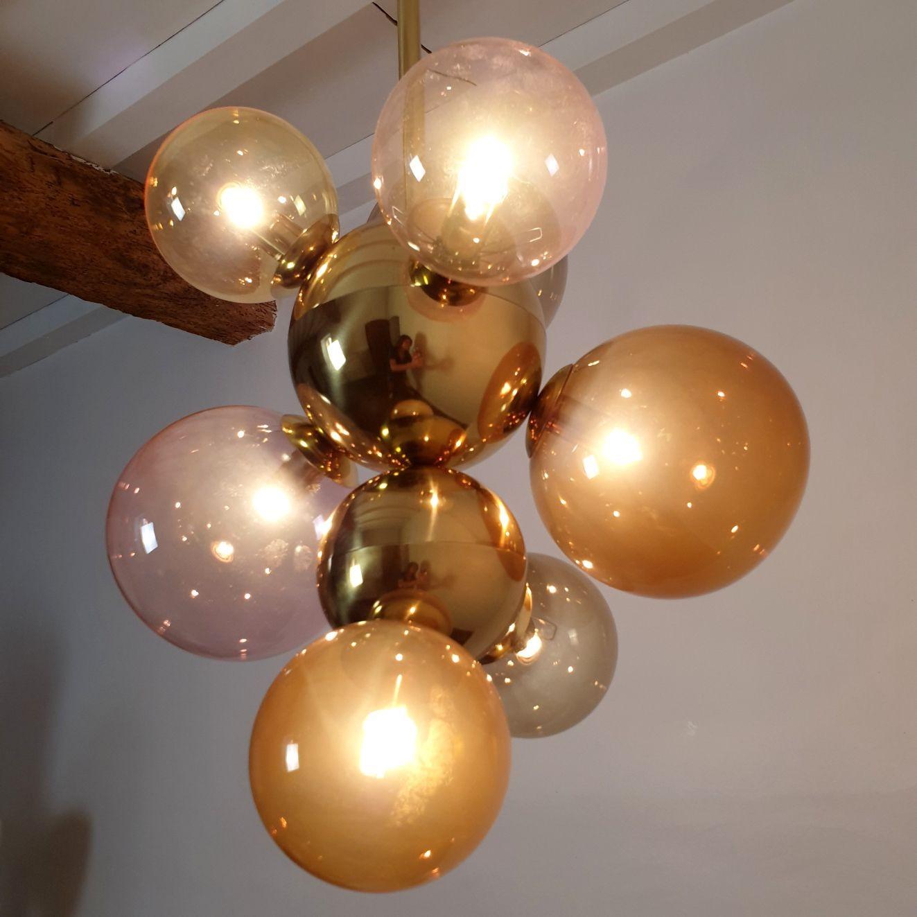 Glass balls & brass chandelier, Italy In Excellent Condition For Sale In Dallas, TX