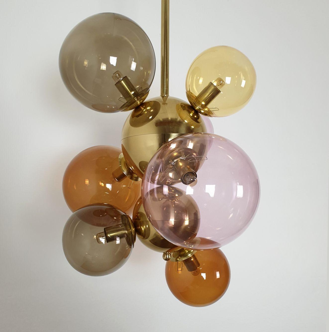 Contemporary Glass balls & brass chandelier, Italy For Sale