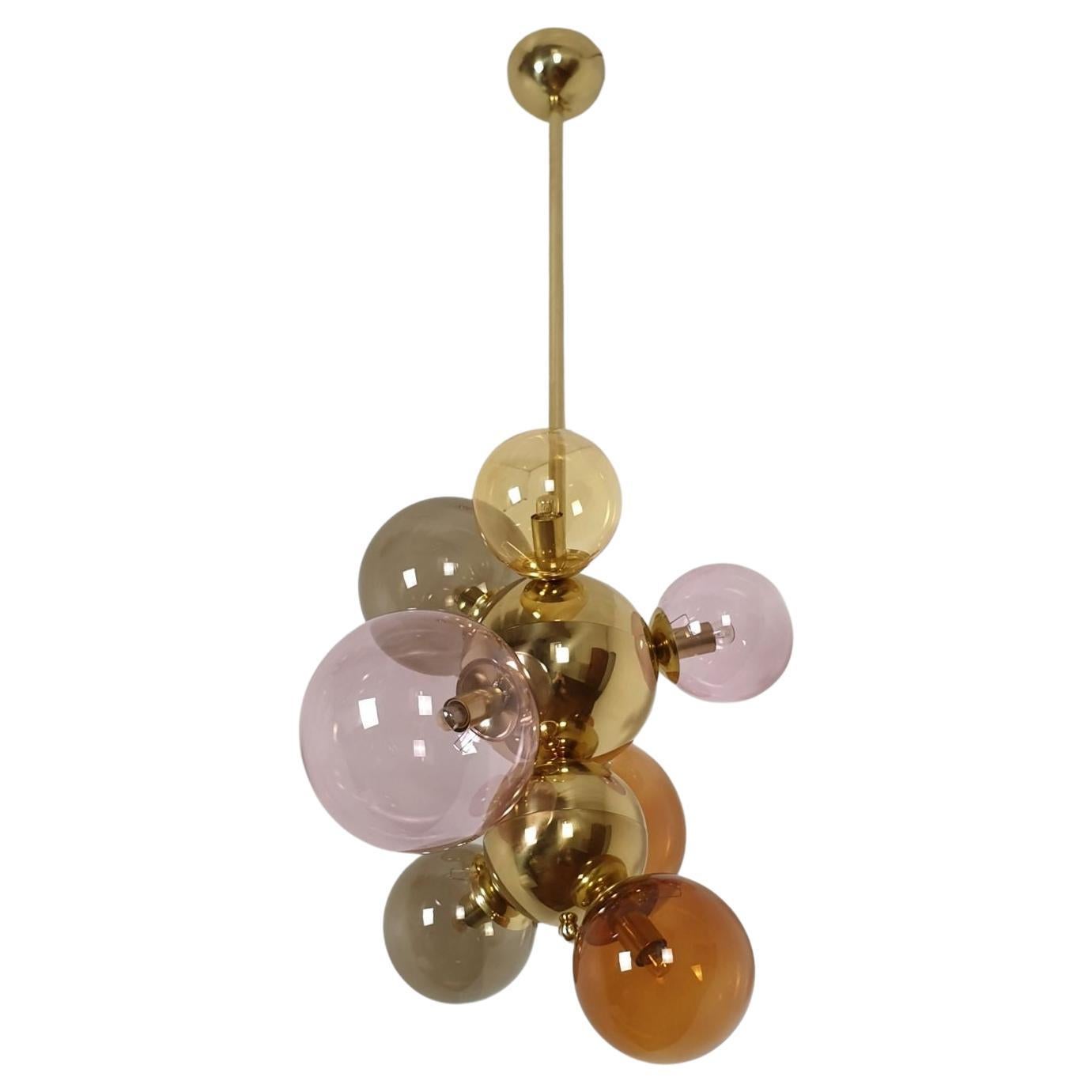 Glass balls & brass chandelier, Italy For Sale