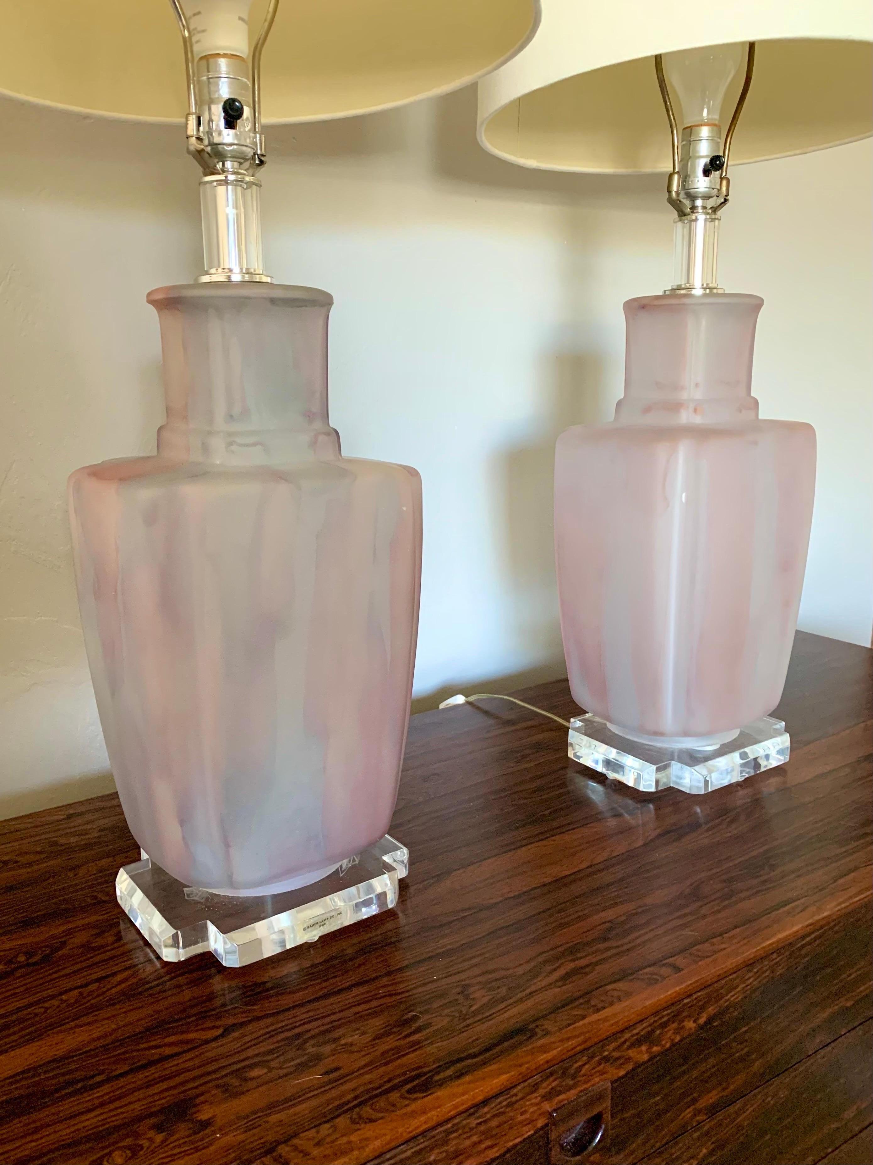 Mid Century Modern Glass Bauer Table Lamps with Lucite.  In Good Condition For Sale In Boynton Beach, FL