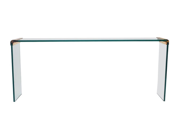 Mid Century Modern Glass and Brass Waterfall Console or Sofa Table by