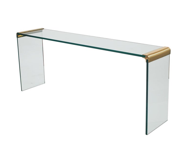 Mid Century Modern Glass and Brass Waterfall Console or Sofa Table by