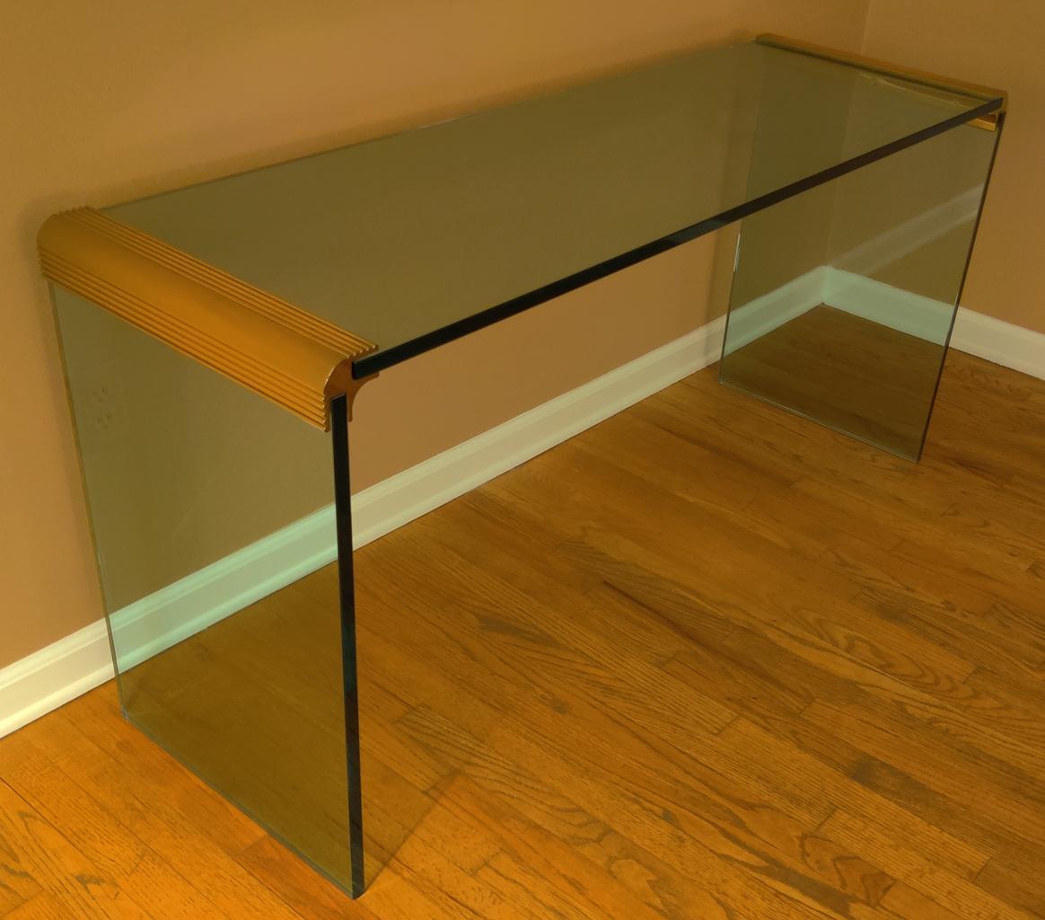 Mid-Century Modern Mid Century Modern Glass & Brass Waterfall Console or Sofa Table by Leon Rosen
