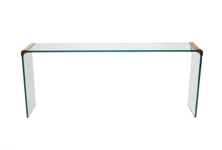 Mid Century Modern Glass and Brass Waterfall Console or Sofa Table by