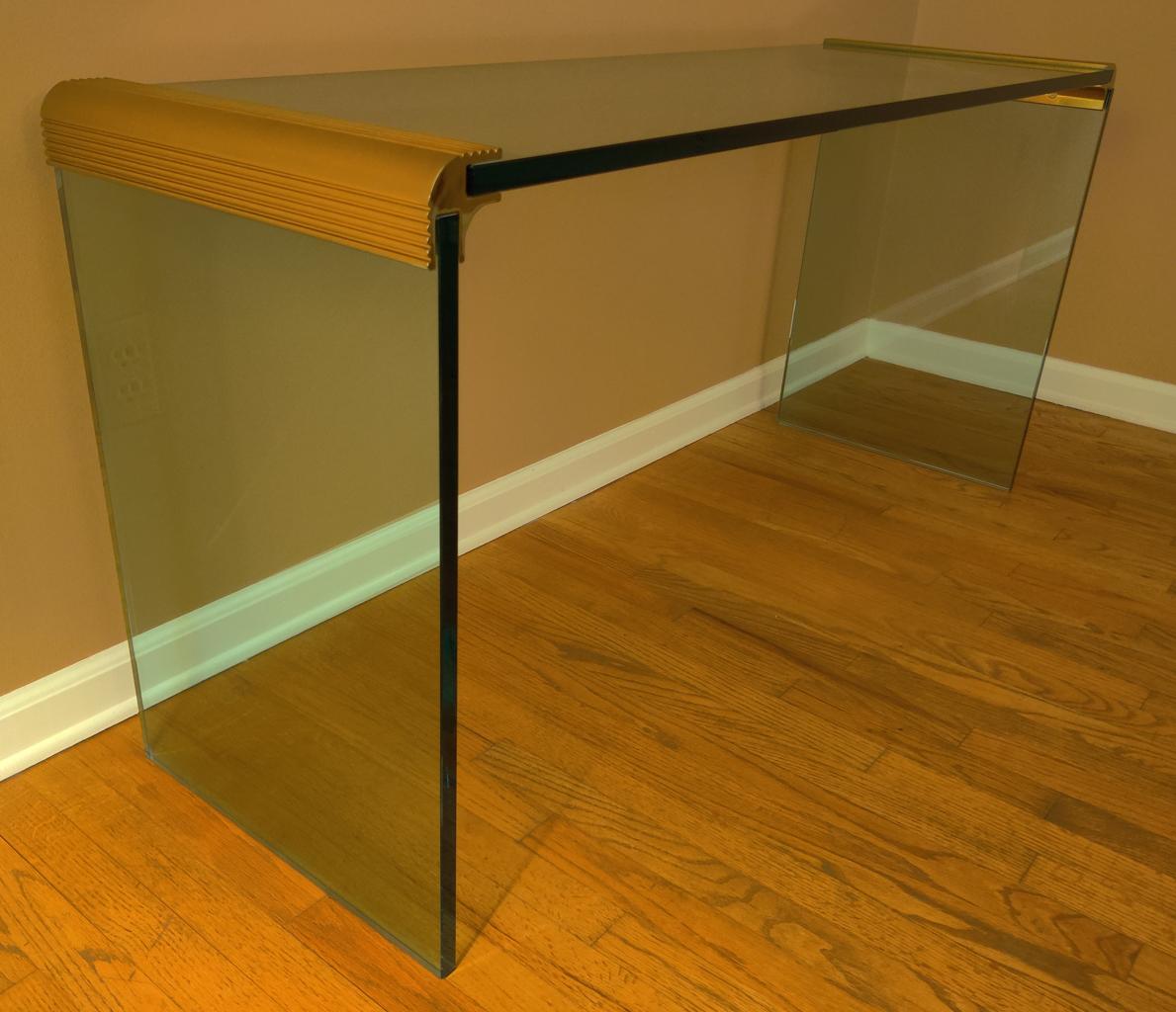 Mid Century Modern Glass & Brass Waterfall Console or Sofa Table by Leon Rosen In Good Condition In Philadelphia, PA