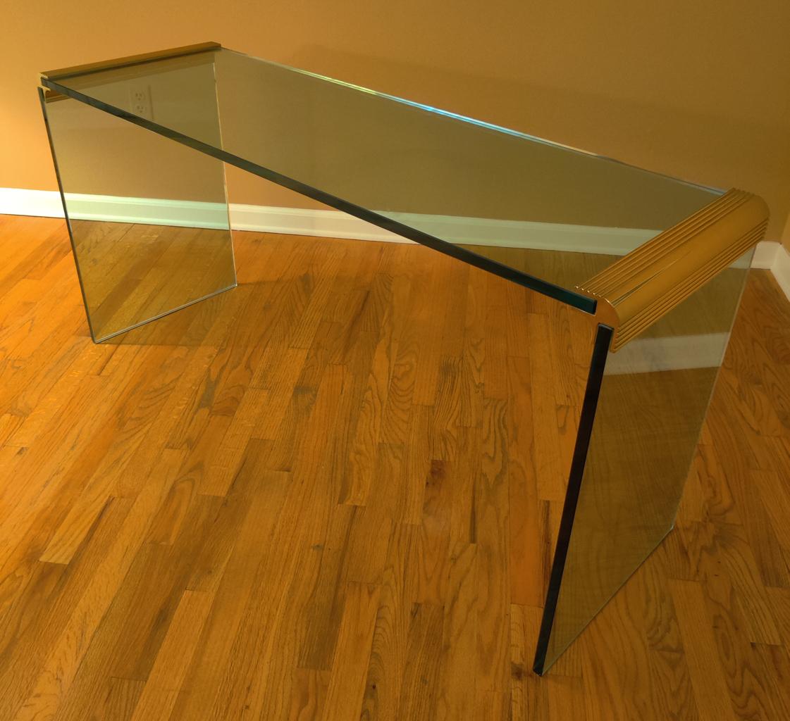 Mid Century Modern Glass & Brass Waterfall Console or Sofa Table by Leon Rosen 1