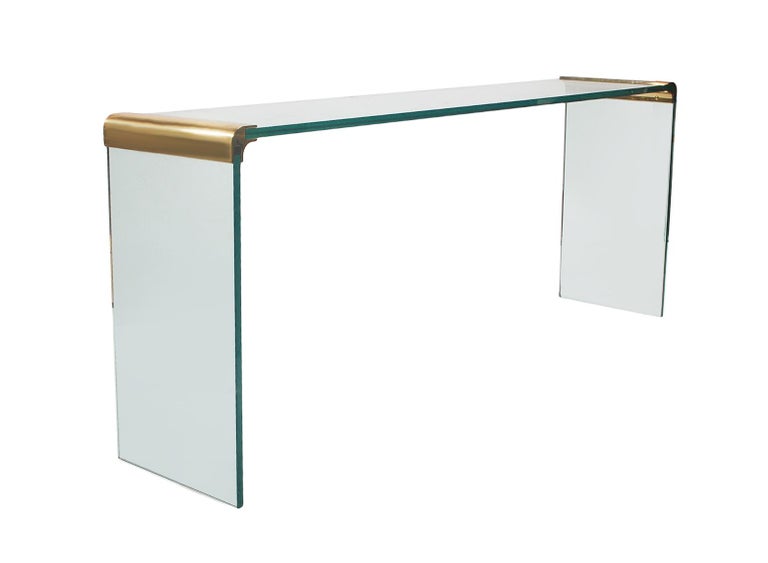 Mid Century Modern Glass and Brass Waterfall Console or Sofa Table by