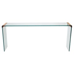 Mid Century Modern Glass & Brass Waterfall Console or Sofa Table by Leon Rosen