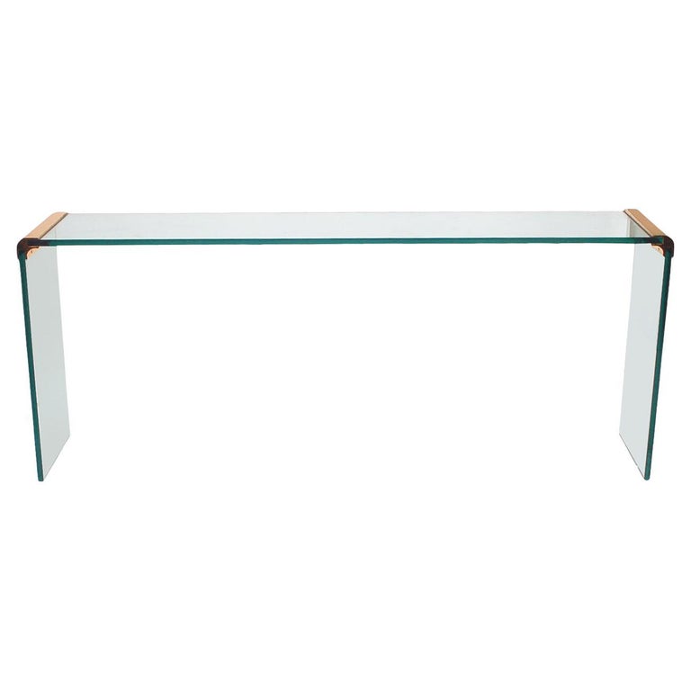 Mid Century Modern Glass and Brass Waterfall Console or Sofa Table by