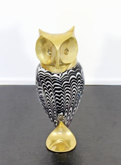 Mid-Century Modern Glass Bronze Brass Owl Table Sculpture Luca Bojola, Italy