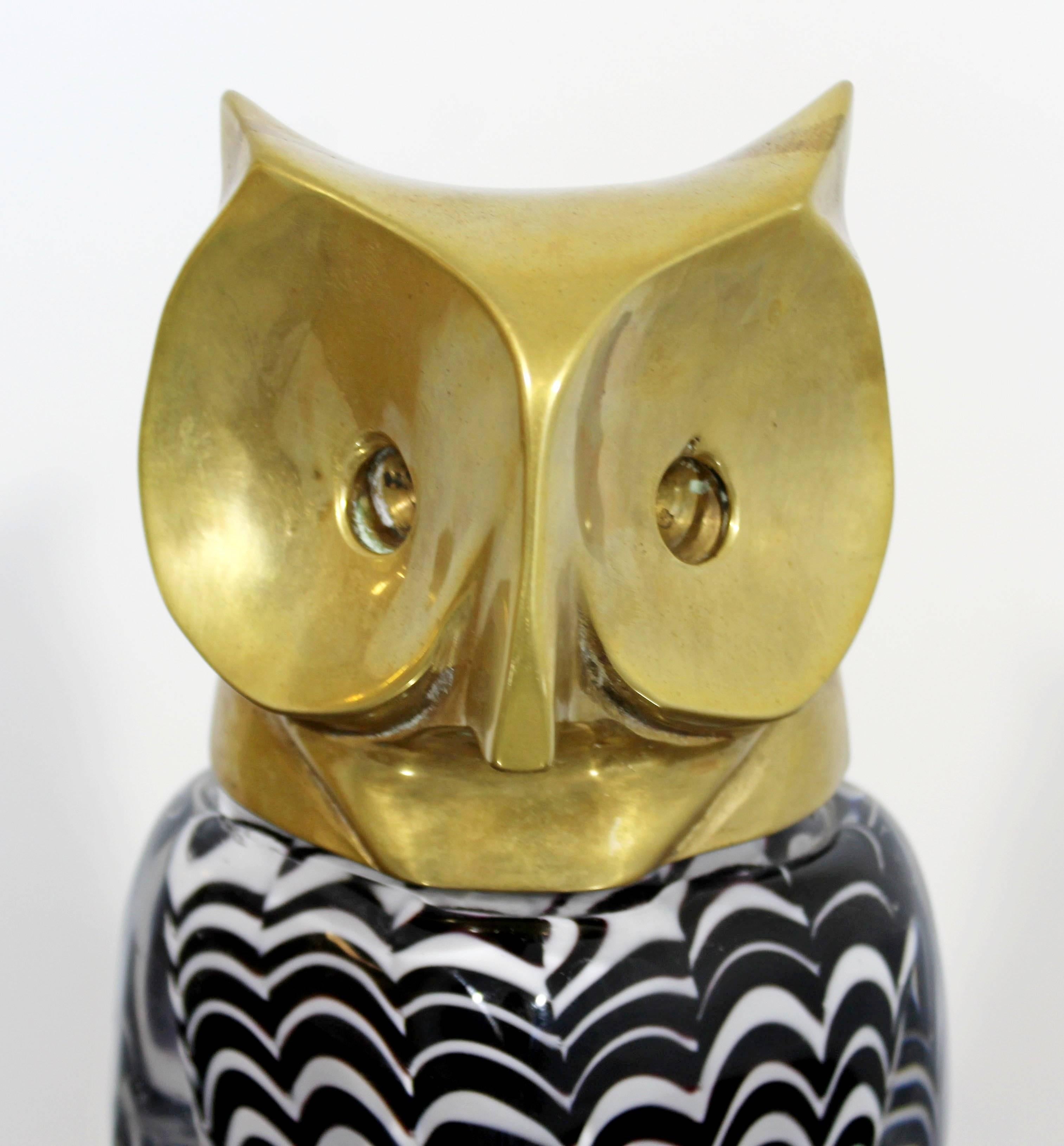 Mid-Century Modern Glass Bronze Brass Owl Table Sculpture Luca Bojola, Italy 3