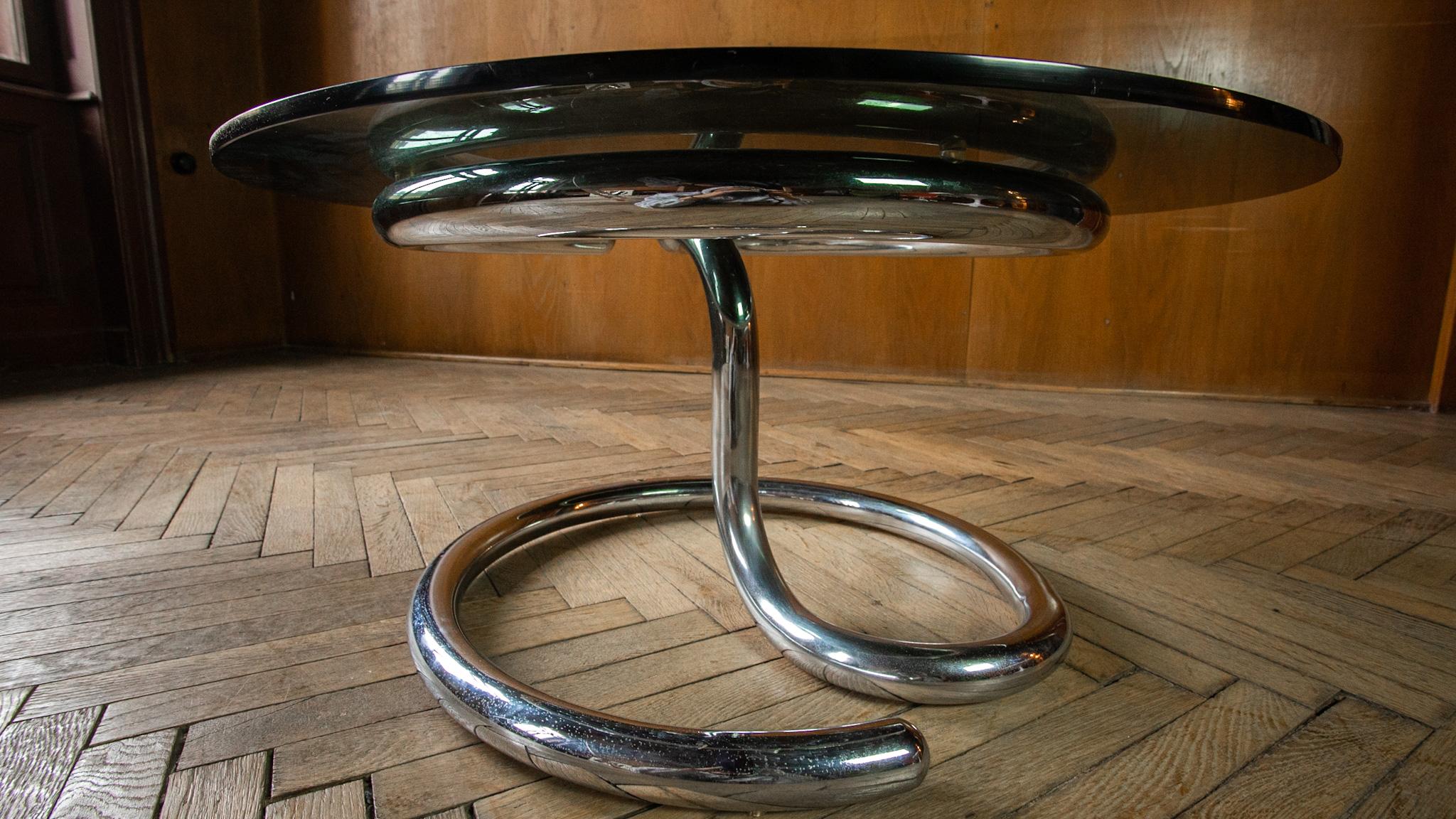 Swiss Mid-Century Modern Glass Chrome Coffee Table Anaconda by Paul Tuttle, 1970s