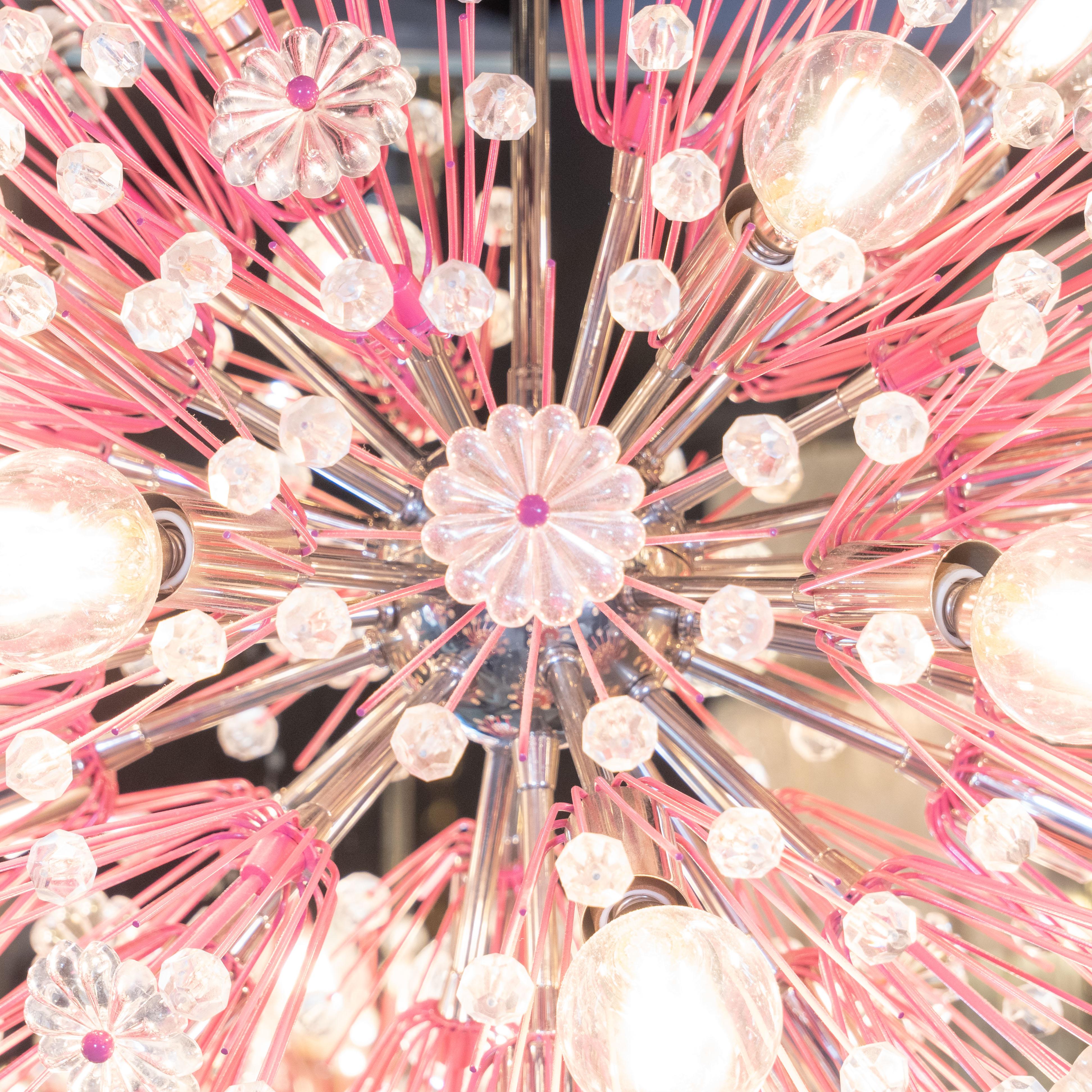 Midcentury Modern Glass, Chrome and Fuschia Enamel Chandelier by Rupert Nikoll In Excellent Condition In New York, NY