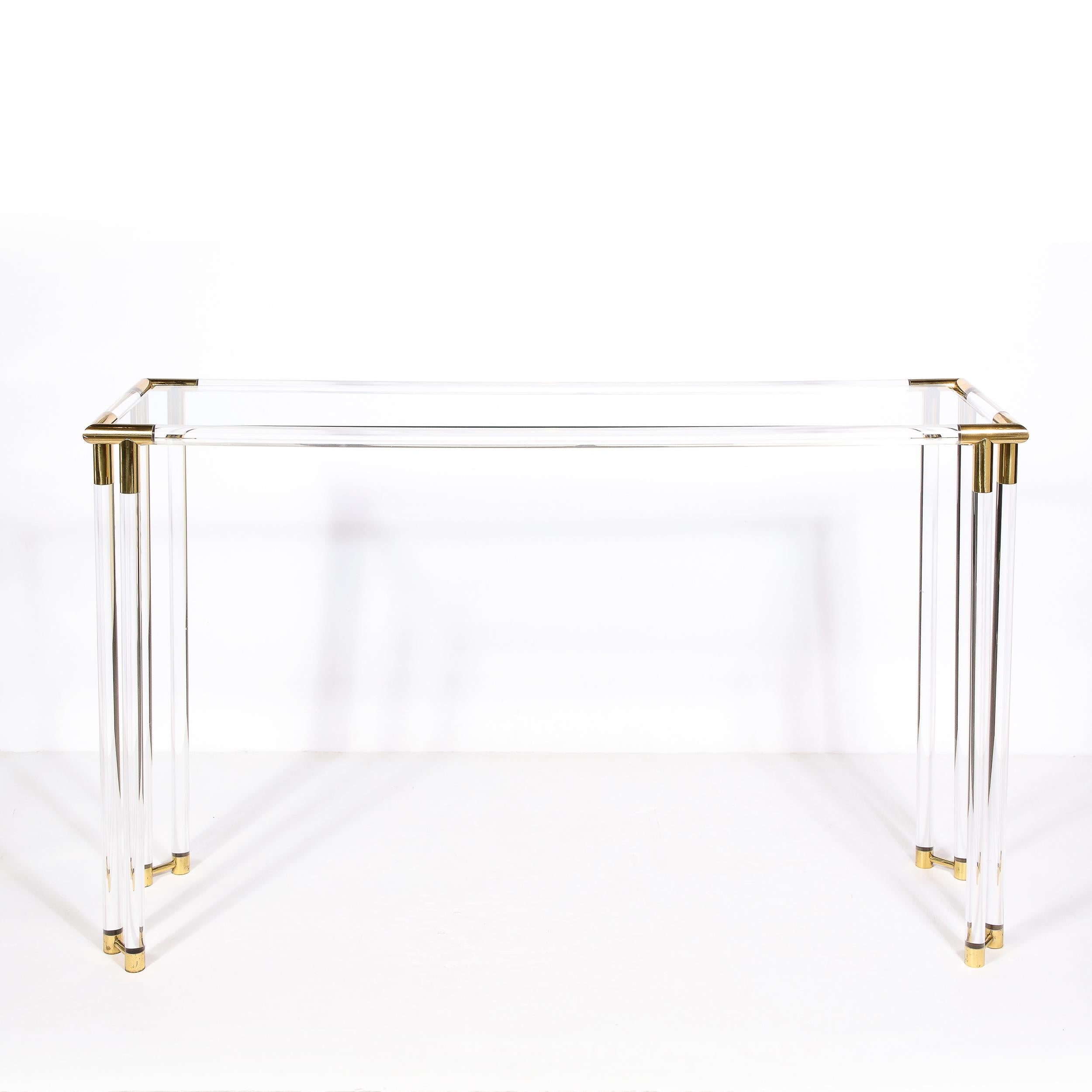 Mid-Century Modern Glass Console Table with Brass Joints & Lucite Supports 6