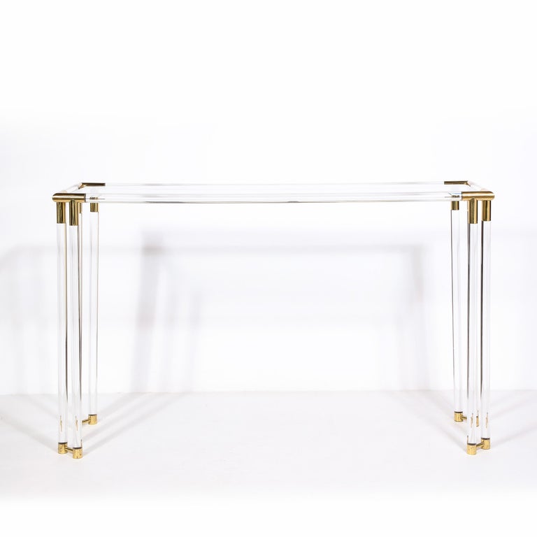 MidCentury Modern Glass Console Table with Brass Joints and Lucite
