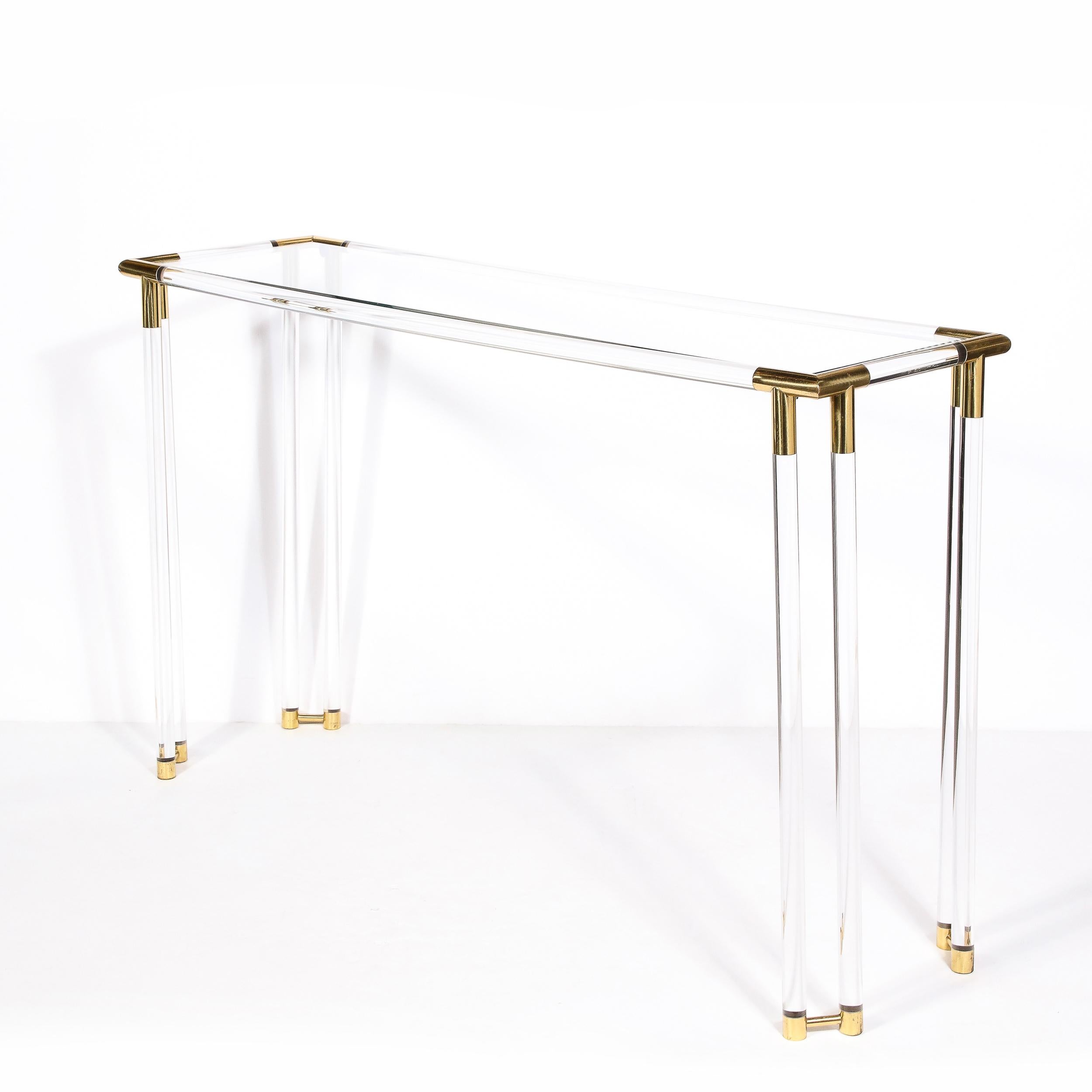 American Mid-Century Modern Glass Console Table with Brass Joints & Lucite Supports