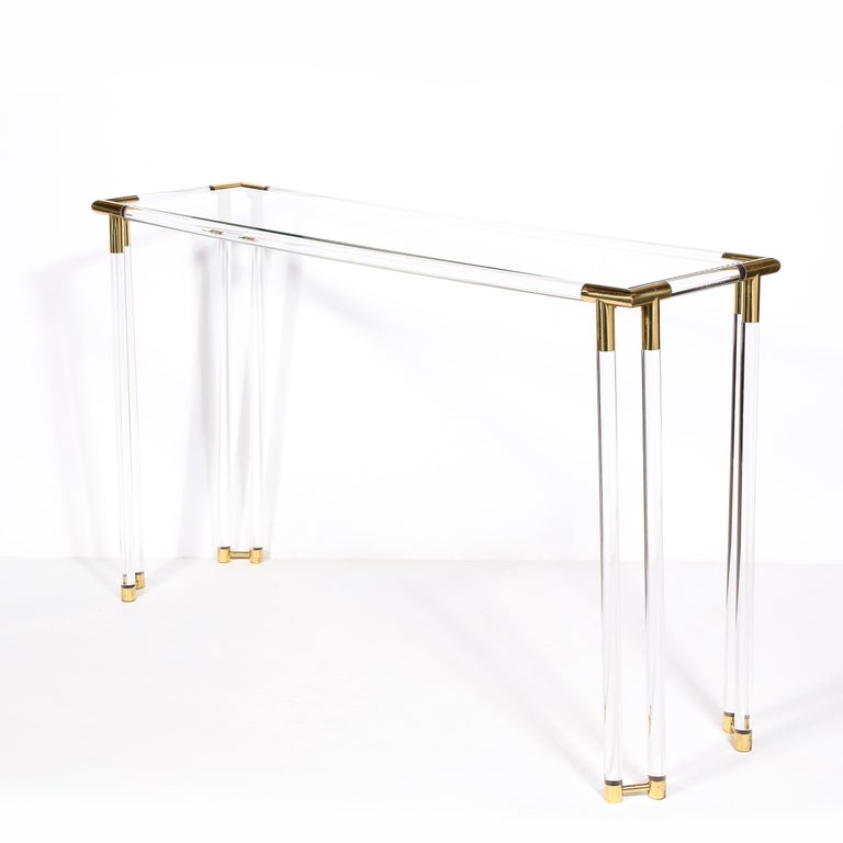 MidCentury Modern Glass Console Table with Brass Joints and Lucite
