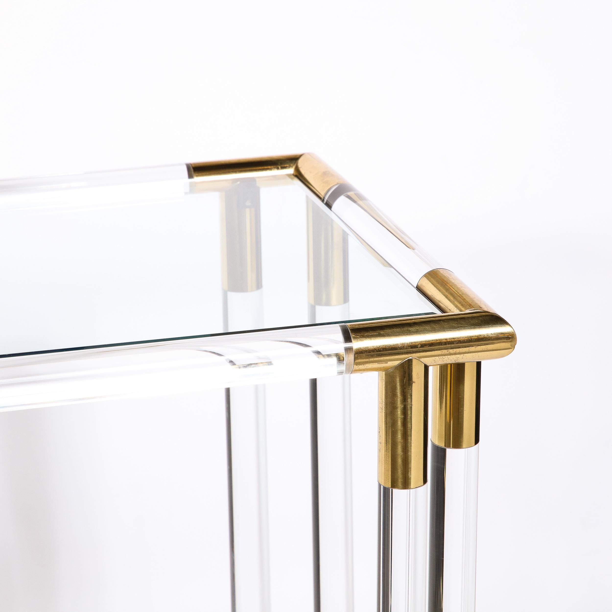 Late 20th Century Mid-Century Modern Glass Console Table with Brass Joints & Lucite Supports