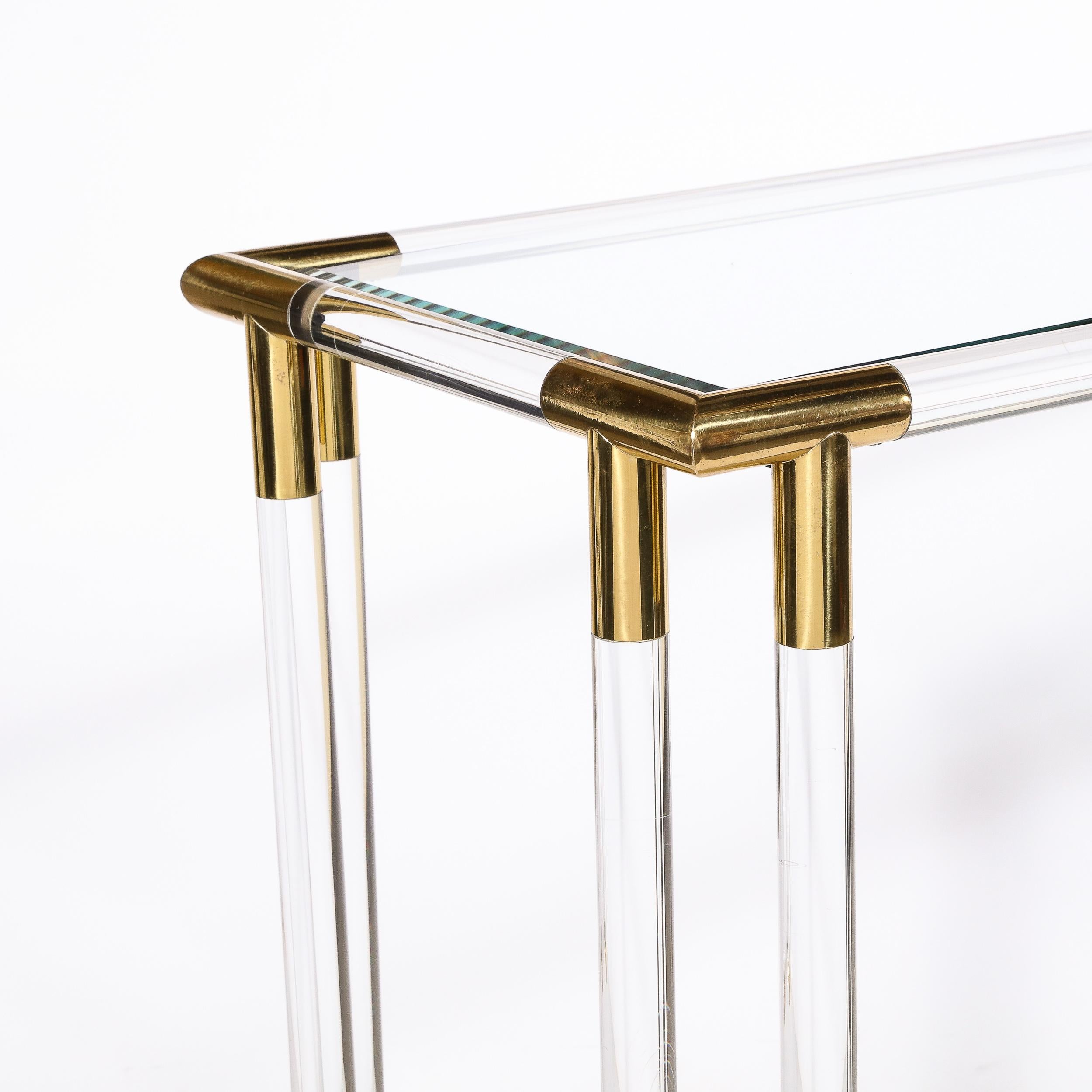 Mid-Century Modern Glass Console Table with Brass Joints & Lucite Supports 1