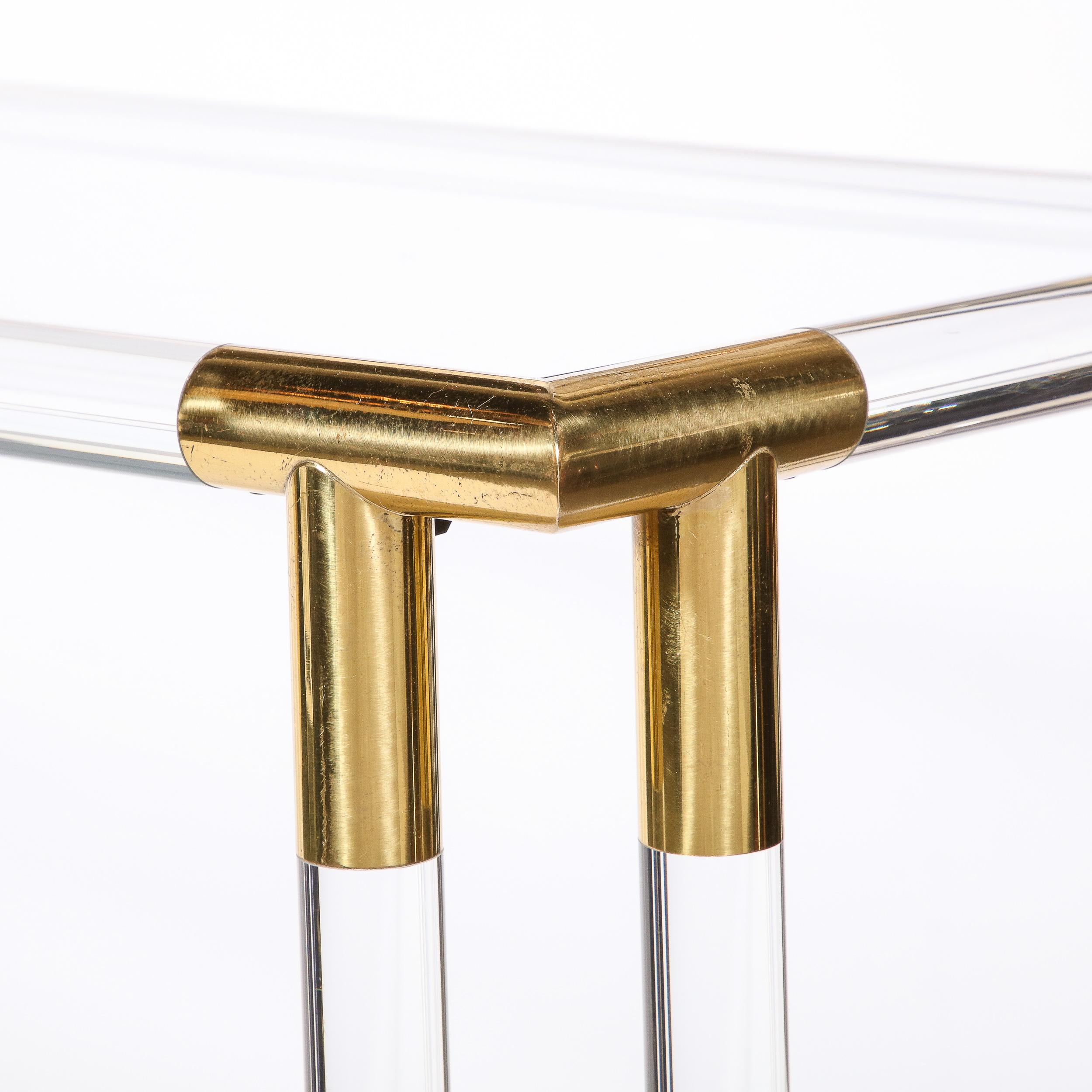 Mid-Century Modern Glass Console Table with Brass Joints & Lucite Supports 4